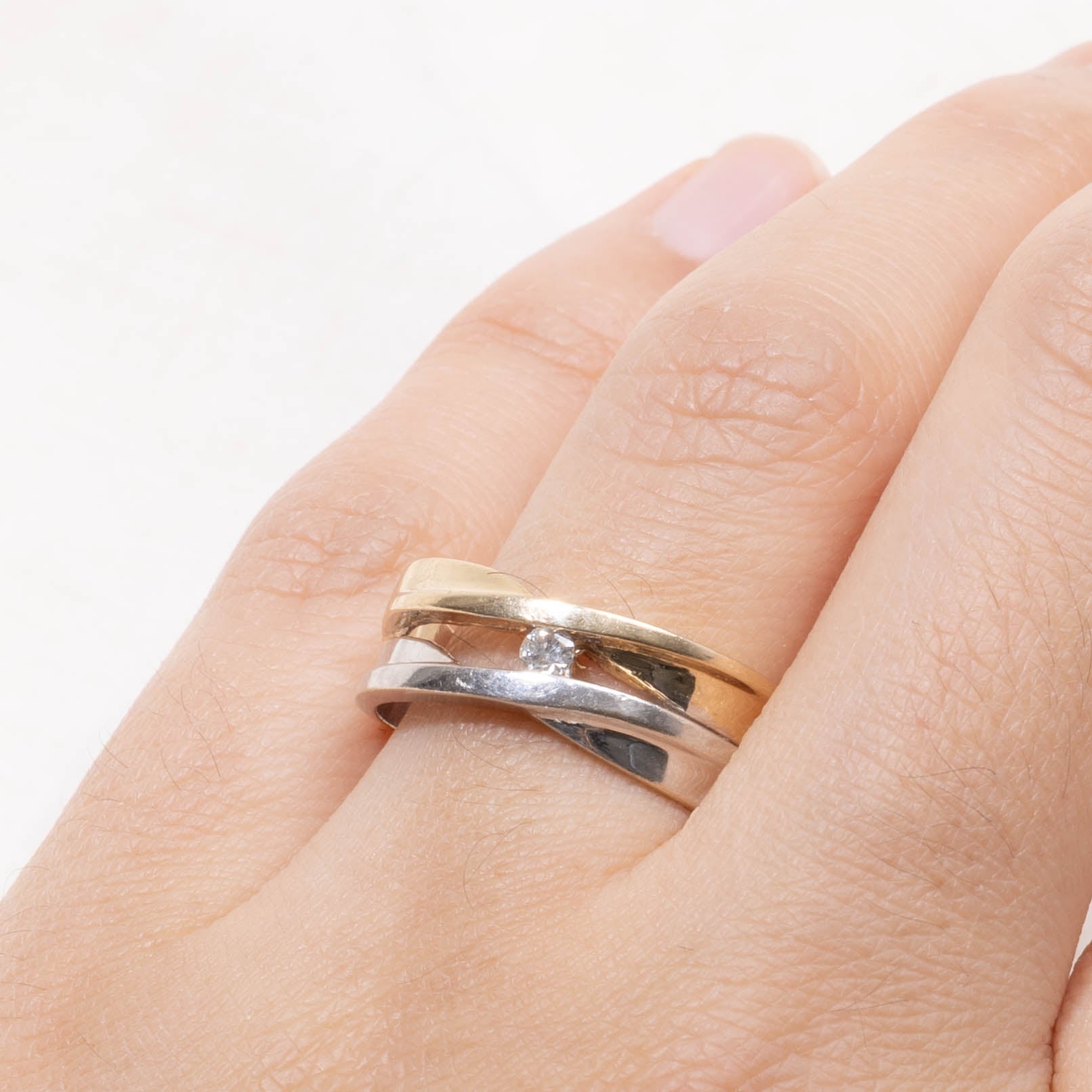 14k Two-Tone Diamond Crossover Ring | SZ 8.75
