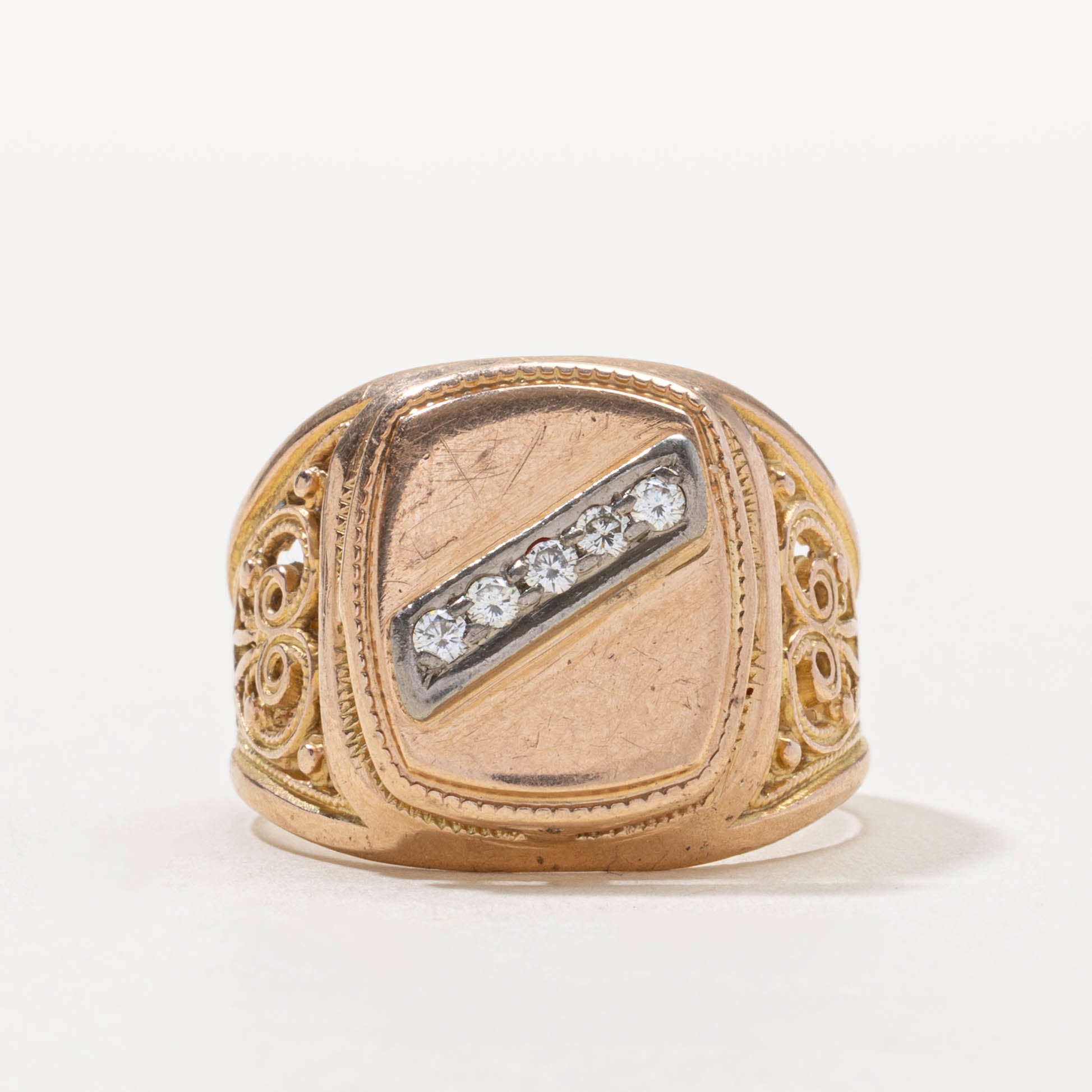 14k Diagonal Diamond Scrollwork Signet Ring | SZ 8.5