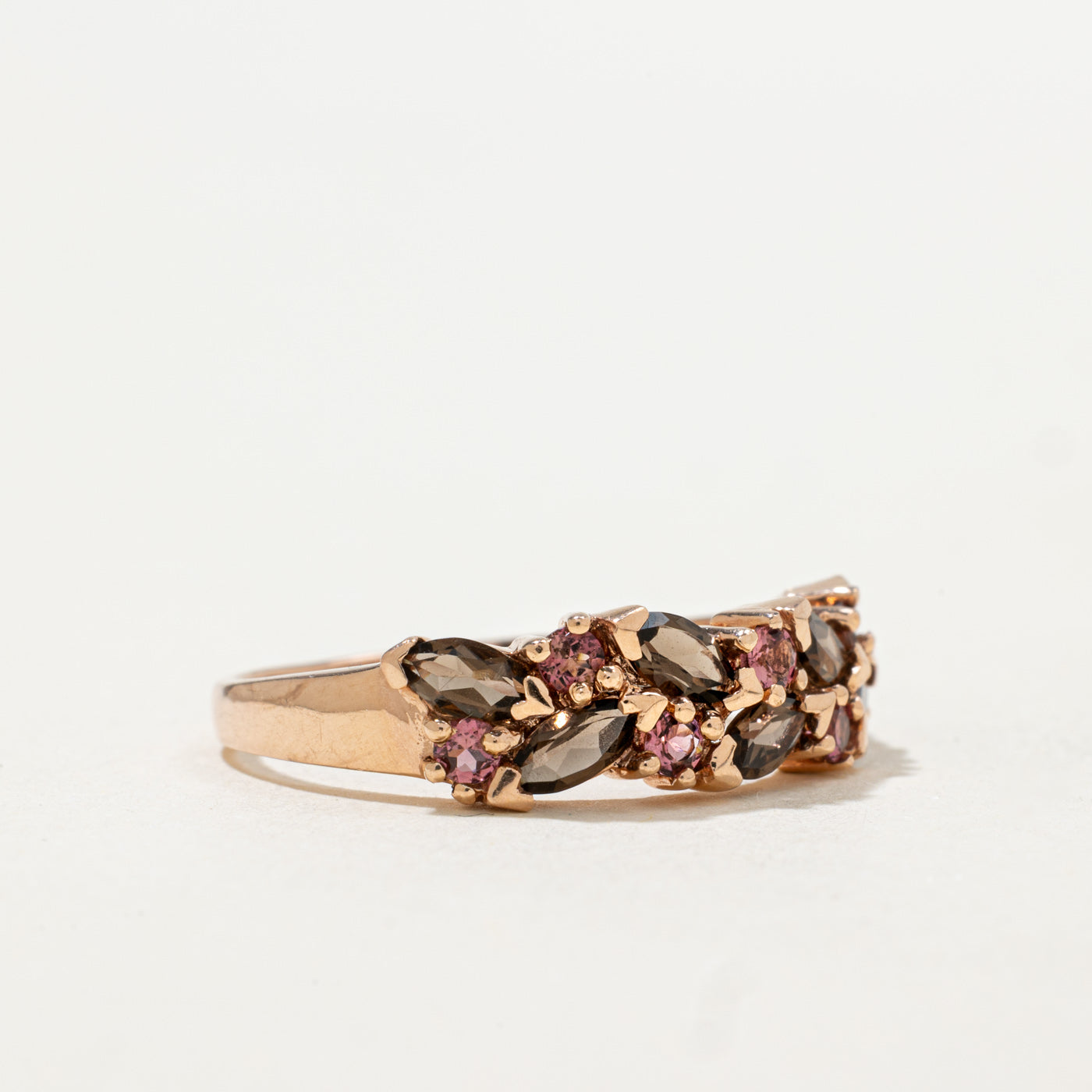 Marquise Cut Smoky Quartz & Pink Tourmaline Semi Eternity Ring | 0.69ctw | SZ 9.0