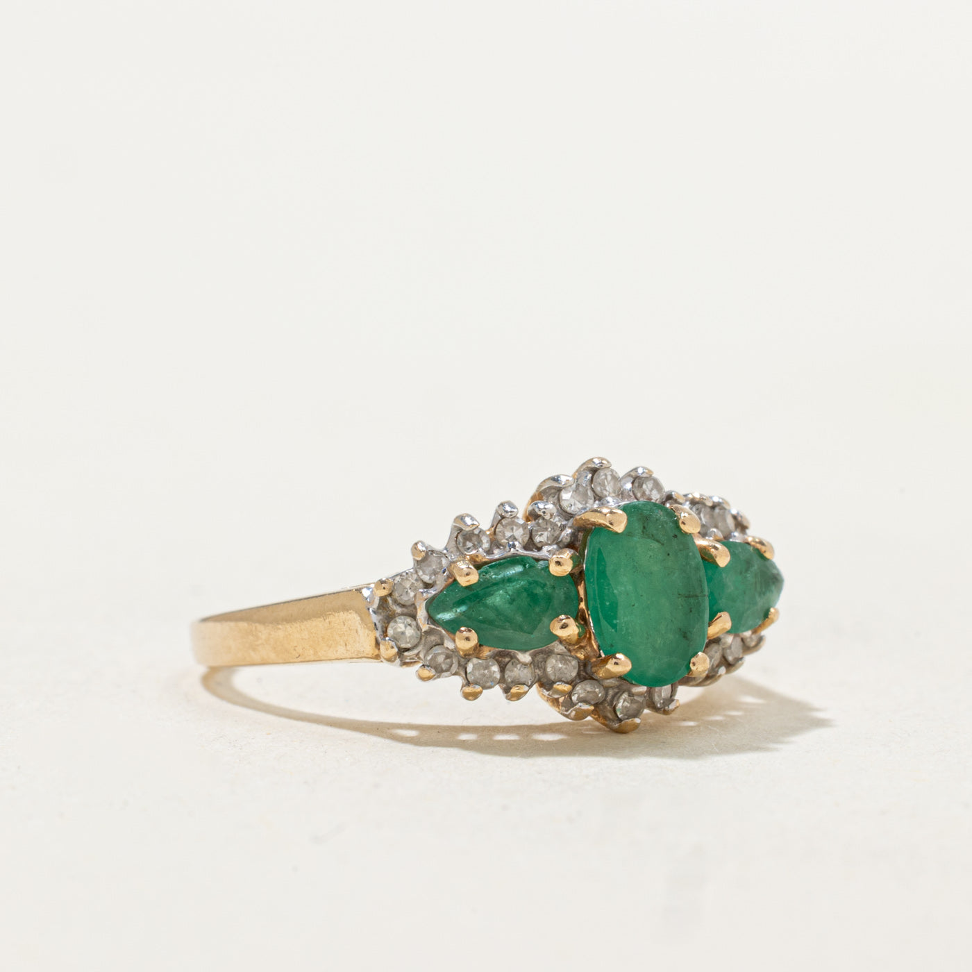 Three Stone Emerald & Diamond Halo Ring | 0.60ctw, 0.12ctw | SZ 5.0