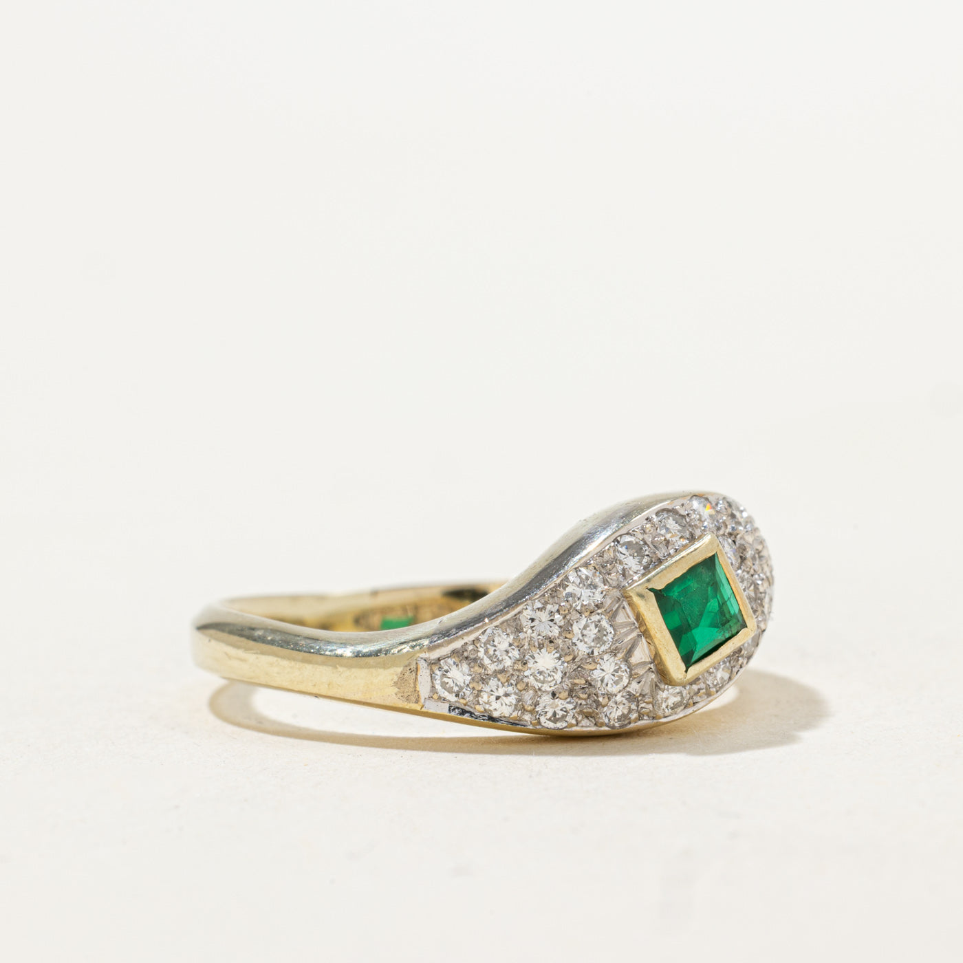 Bezel Set Emerald & Diamond Wave Dome Ring | 0.15ct, 0.35ctw | SZ 8.75
