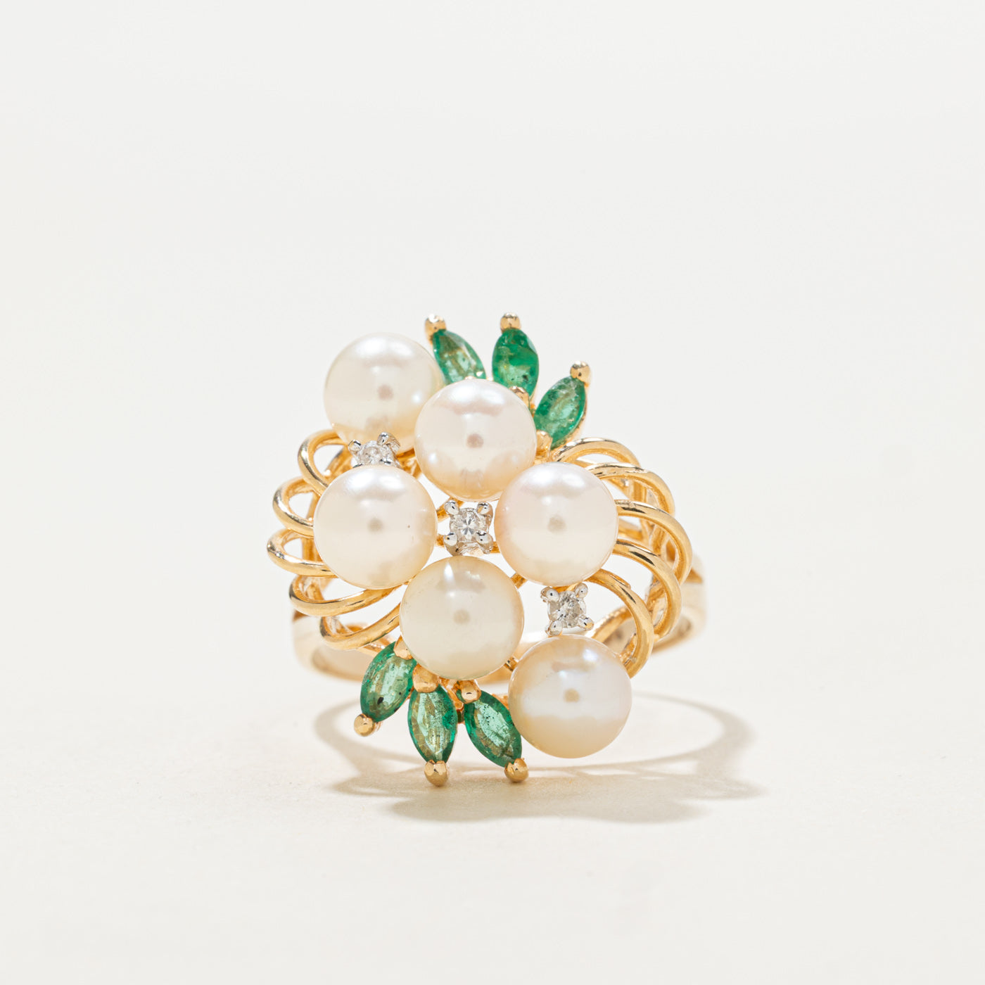 Pearl, Emerald & Diamond Cocktail Ring | 0.30ctw, 0.04ctw | SZ 7.75