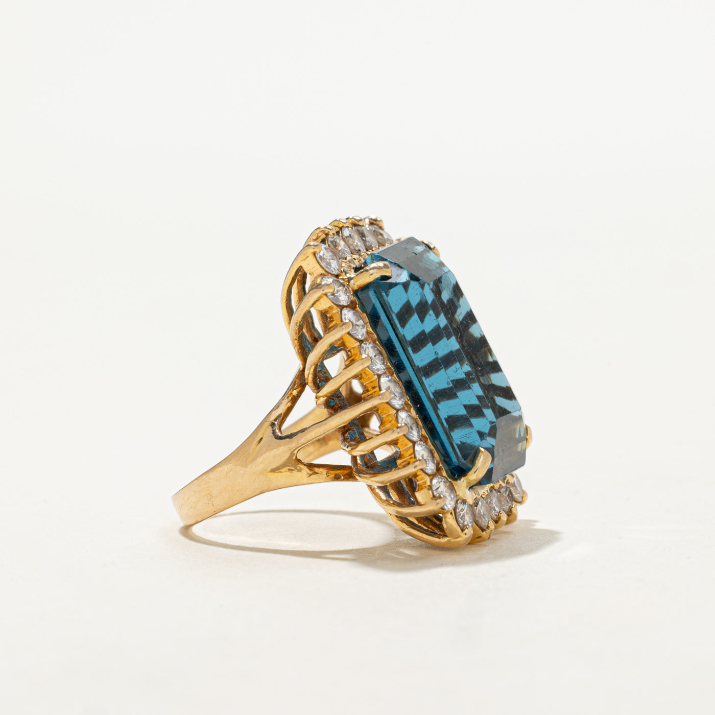 Emerald Cut Blue Topaz & Diamond Petal Cocktail Ring | 19.0ct, 1.36ctw | SZ 5.0