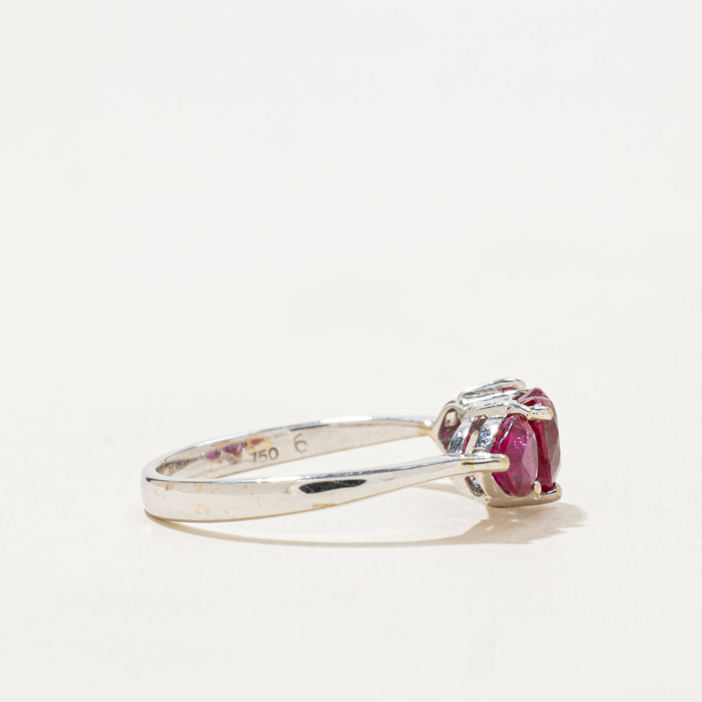 Three Stone Heart Cut Synthetic Ruby Ring | 1.20ctw | SZ 6.0
