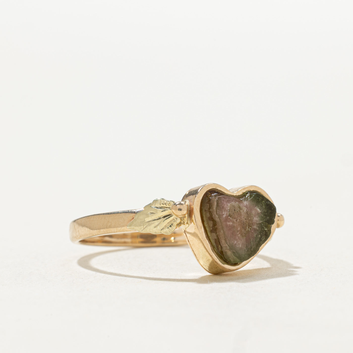 Bezel Set Watermelon Tourmaline Leaf Design Ring | SZ 7.75
