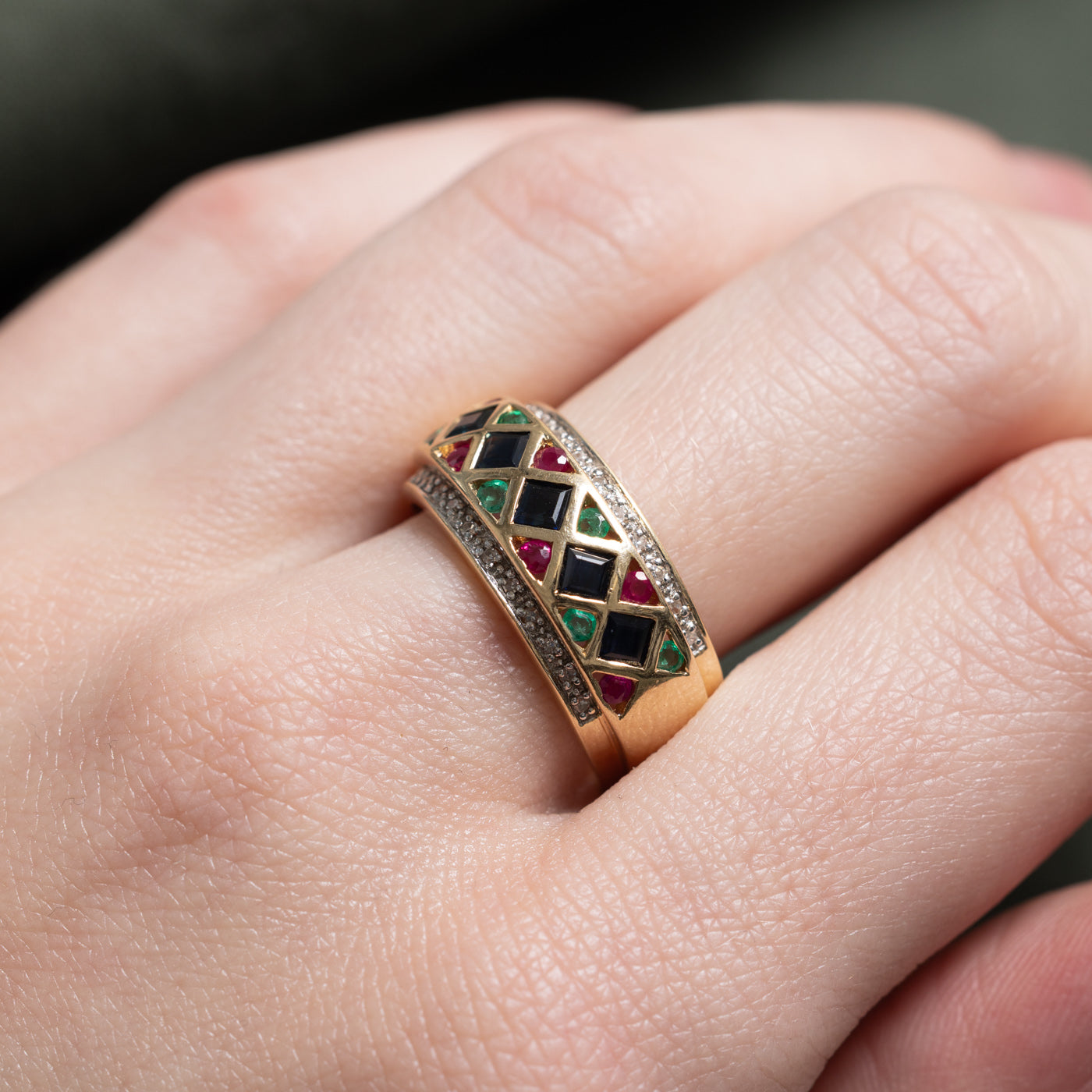 Multi Gem & Diamond Geometric Band | 0.80ctw, 0.11ctw | SZ 8.0