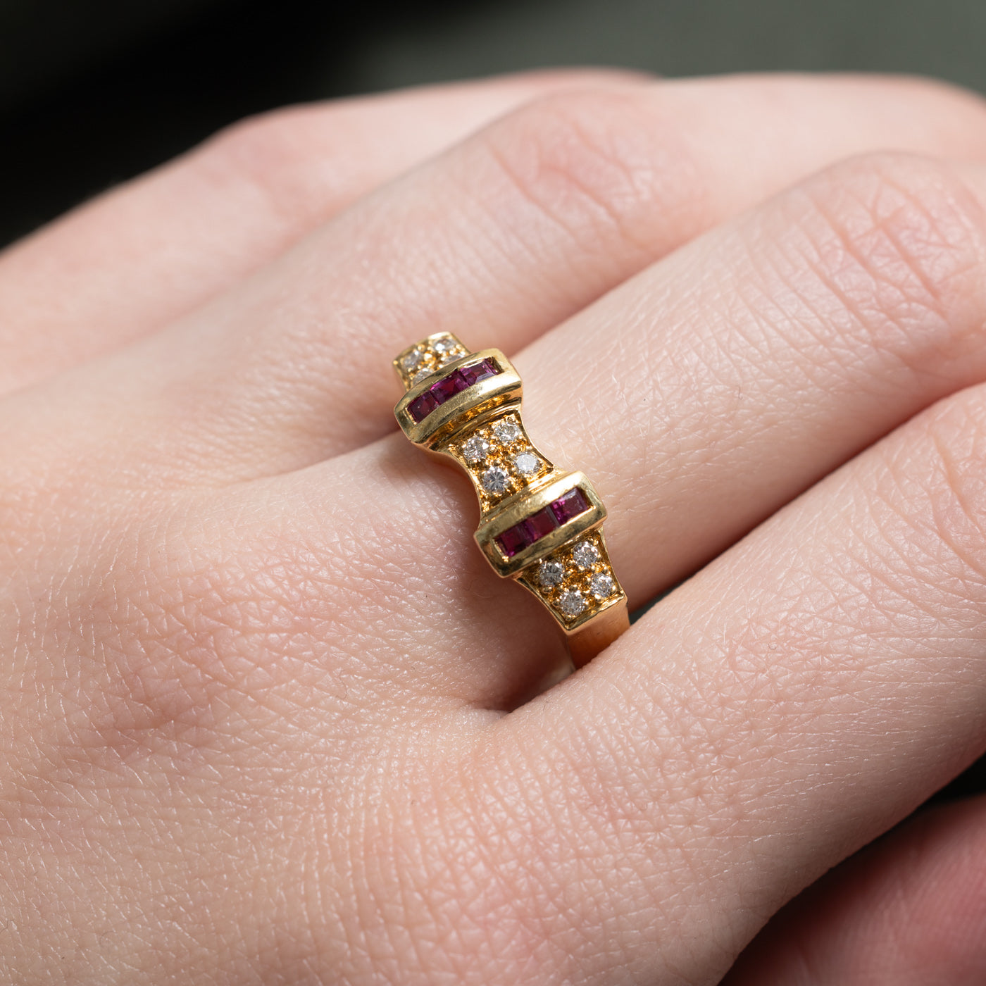 Ruby & Diamond Geometric Buckle Ring | 0.24ctw, 0.12ctw | SZ 7.5