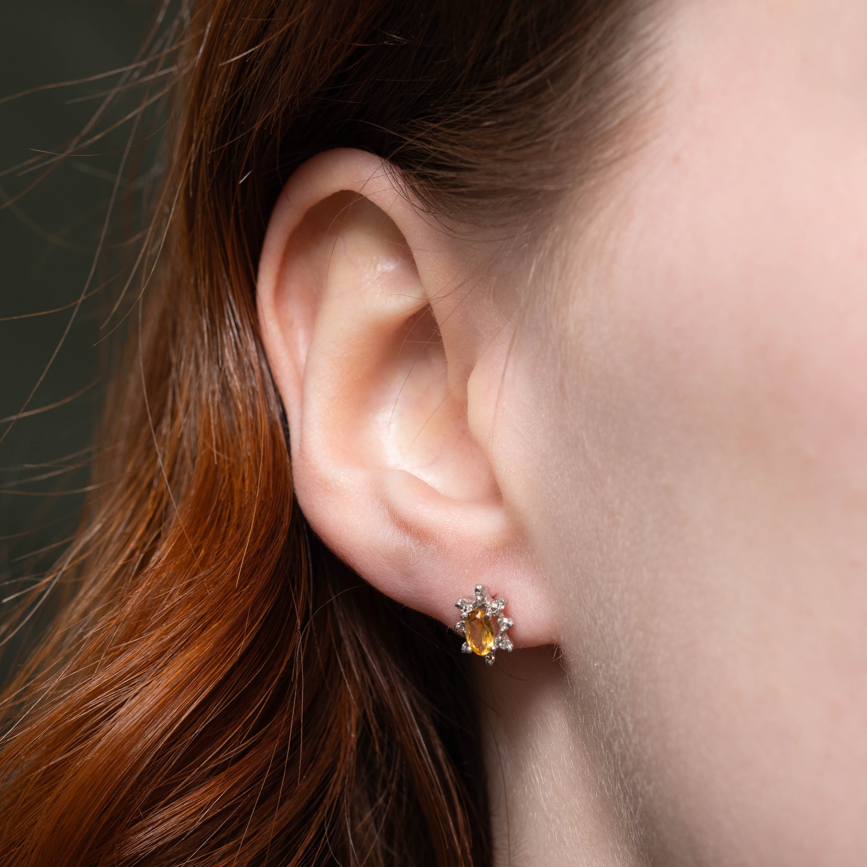 14k Citrine & Diamond Petal Halo Stud Earrings | 0.28ctw, 0.04ctw