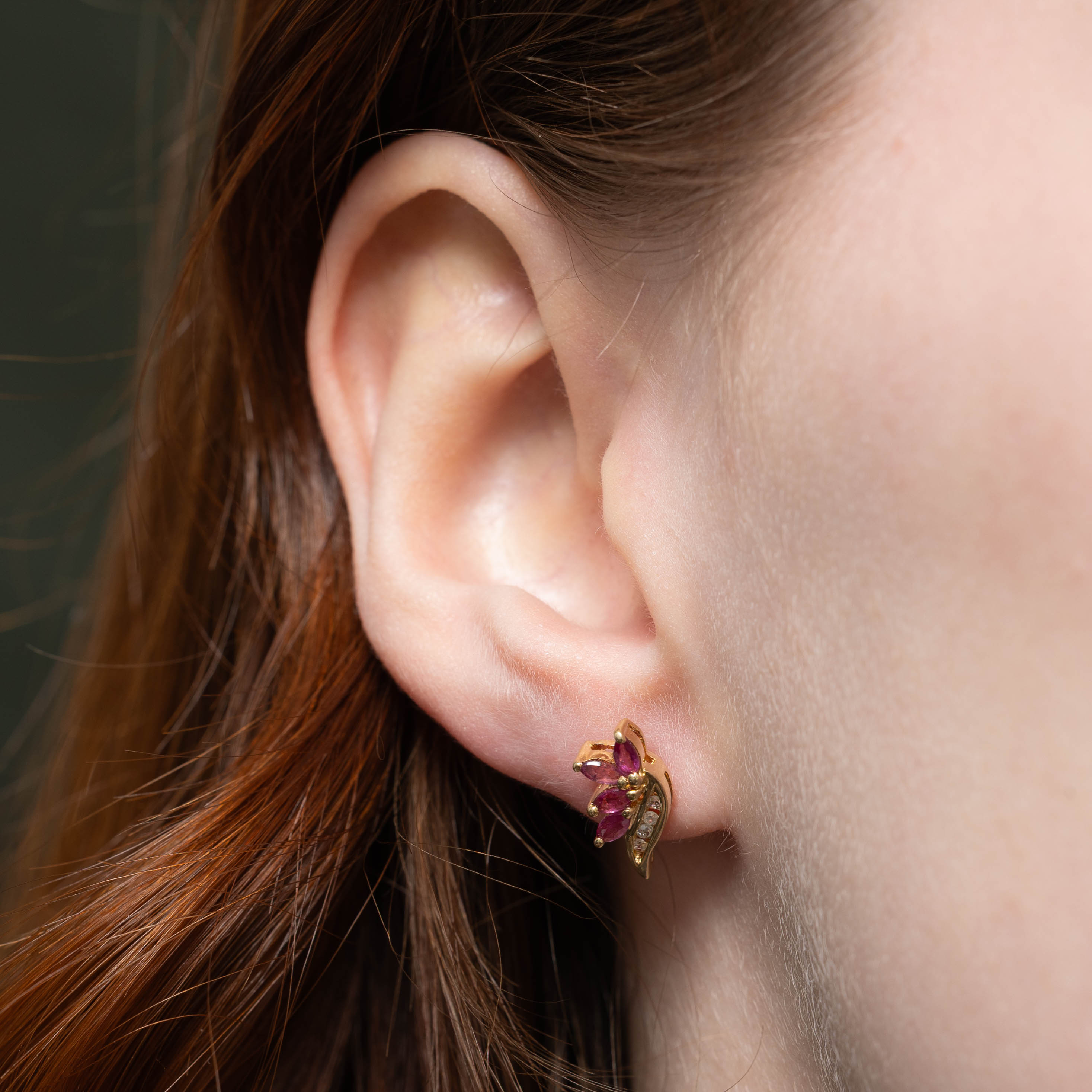 14k Ruby & Diamond Floral Cluster Stud Earrings | 0.32ctw, 0.04ctw