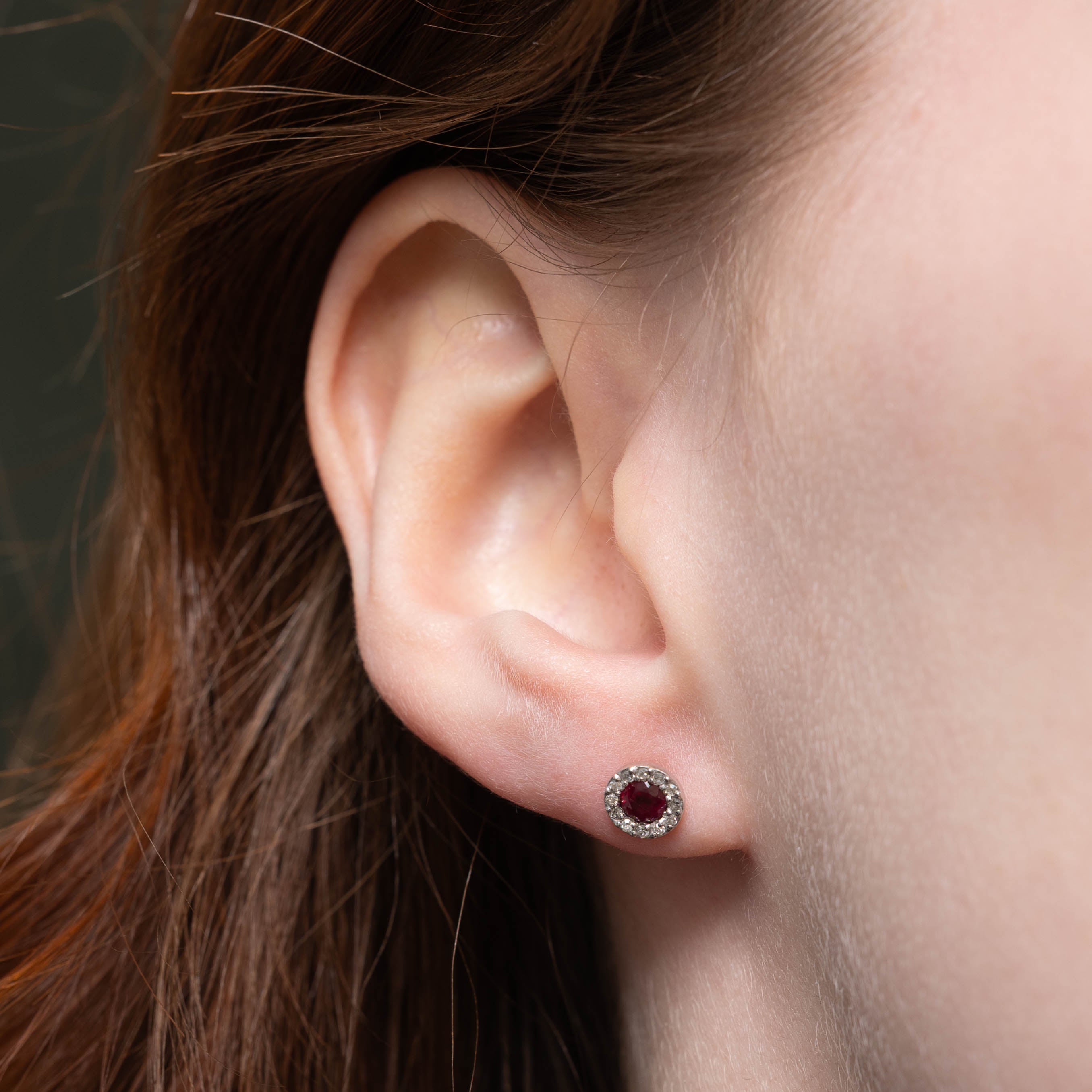 10k Ruby & Diamond Halo Stud Earrings | 0.12ctw, 0.05ctw