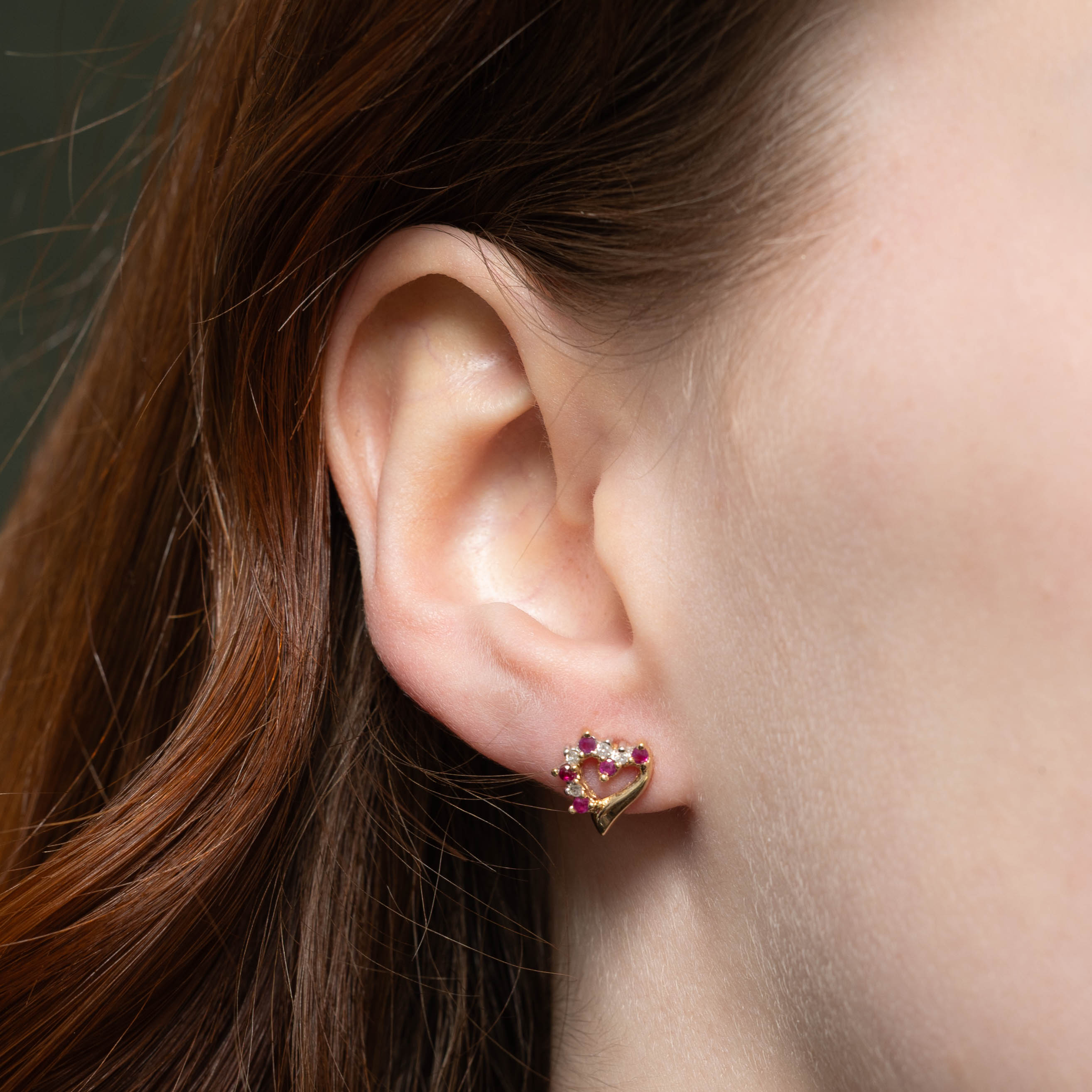 10k Ruby & Diamond Open Heart Stud Earrings | 0.08ctw, 0.04ctw