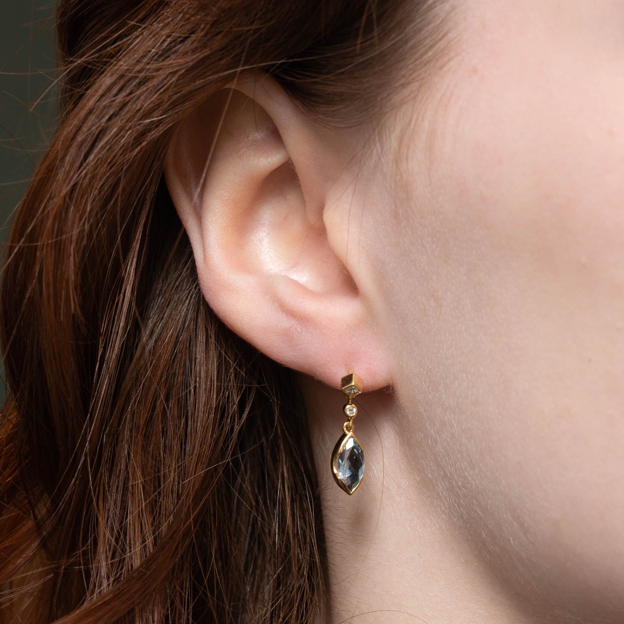 18k Marquise Cut Aquamarine & Diamond Drop Earrings | 1.60ctw, 0.05ctw