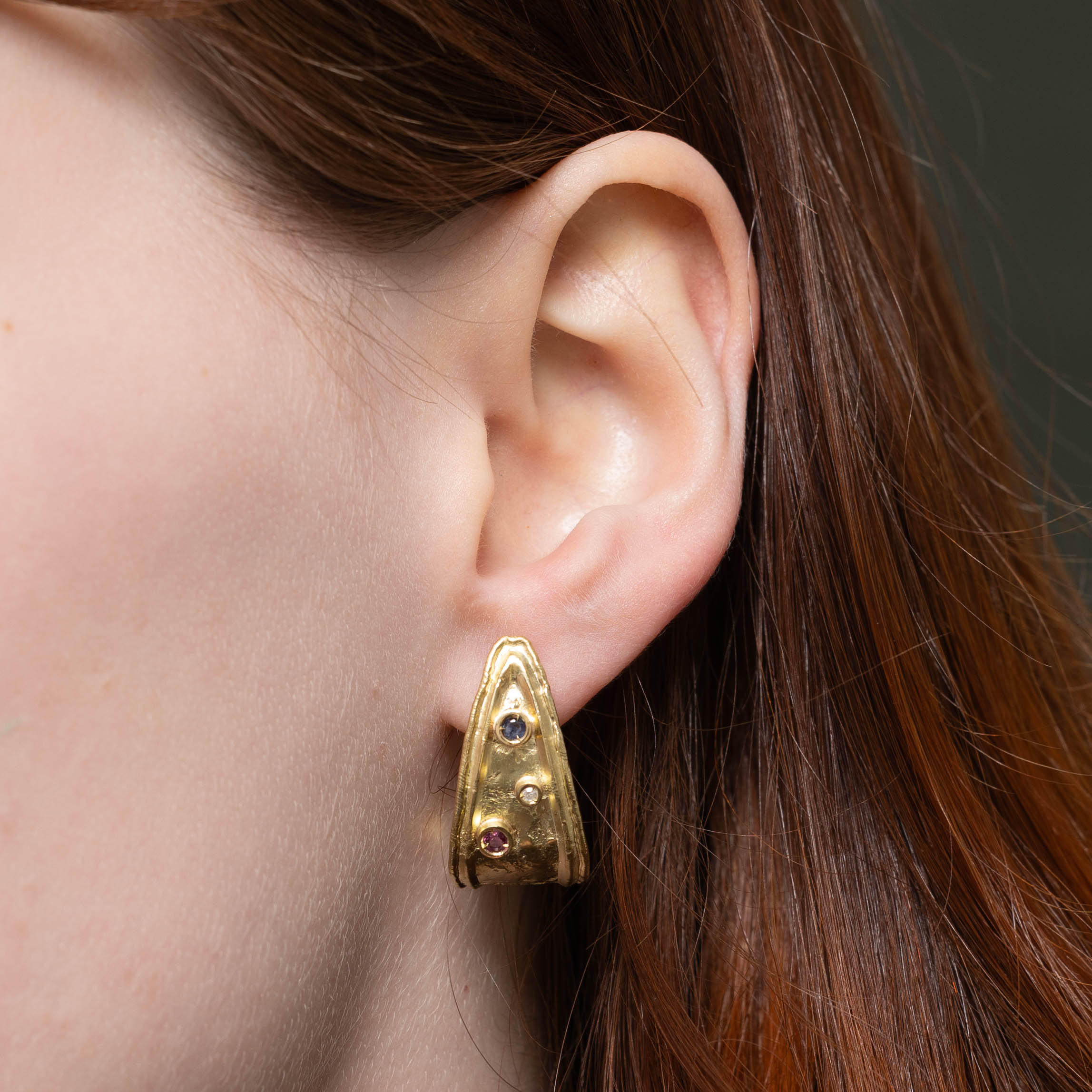 Italian 18k Ruby, Sapphire & Diamond Half Hoop Earrings | 0.06ctw, 0.02ctw