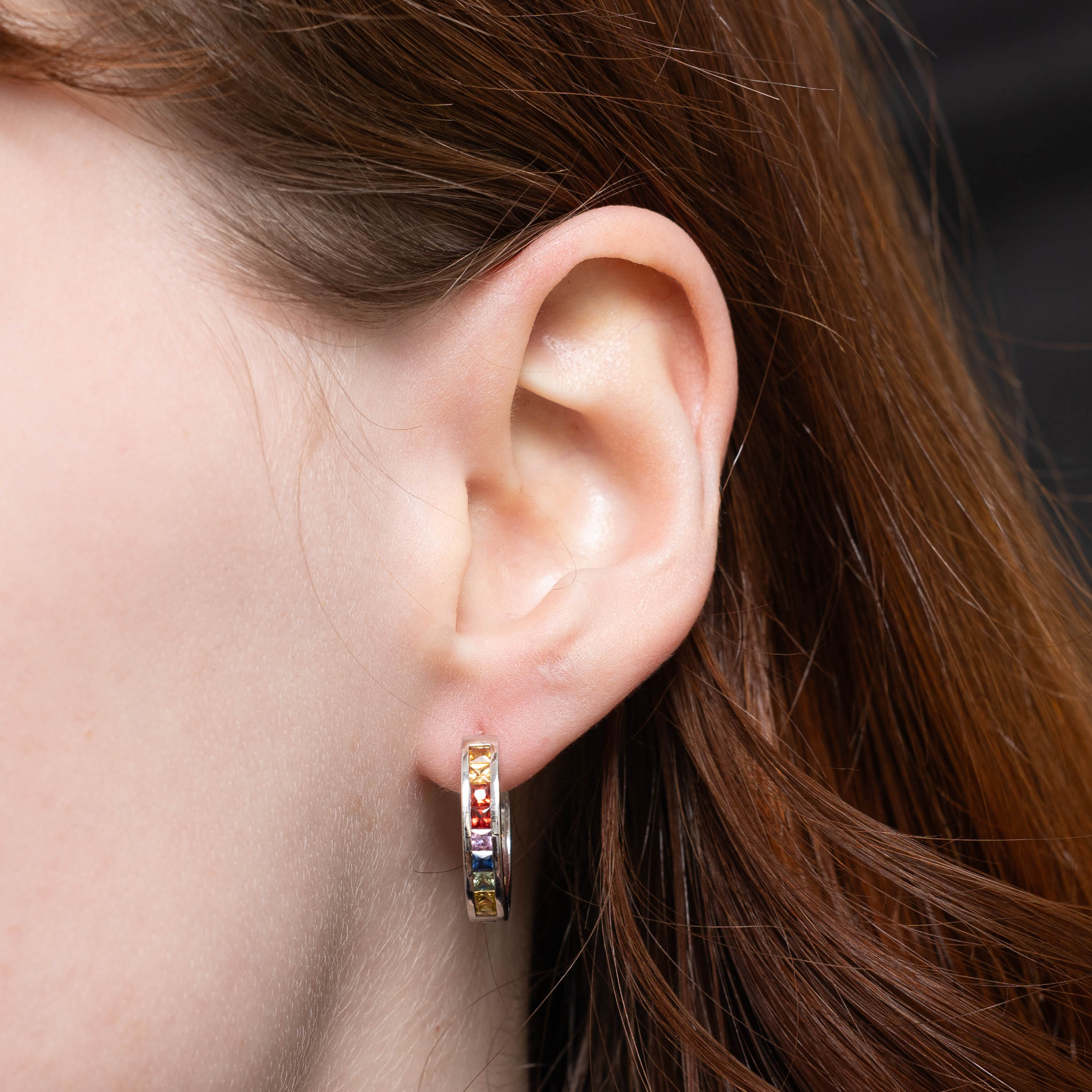 14k Channel Set Rainbow Sapphire Hoop Earrings | 1.00ctw