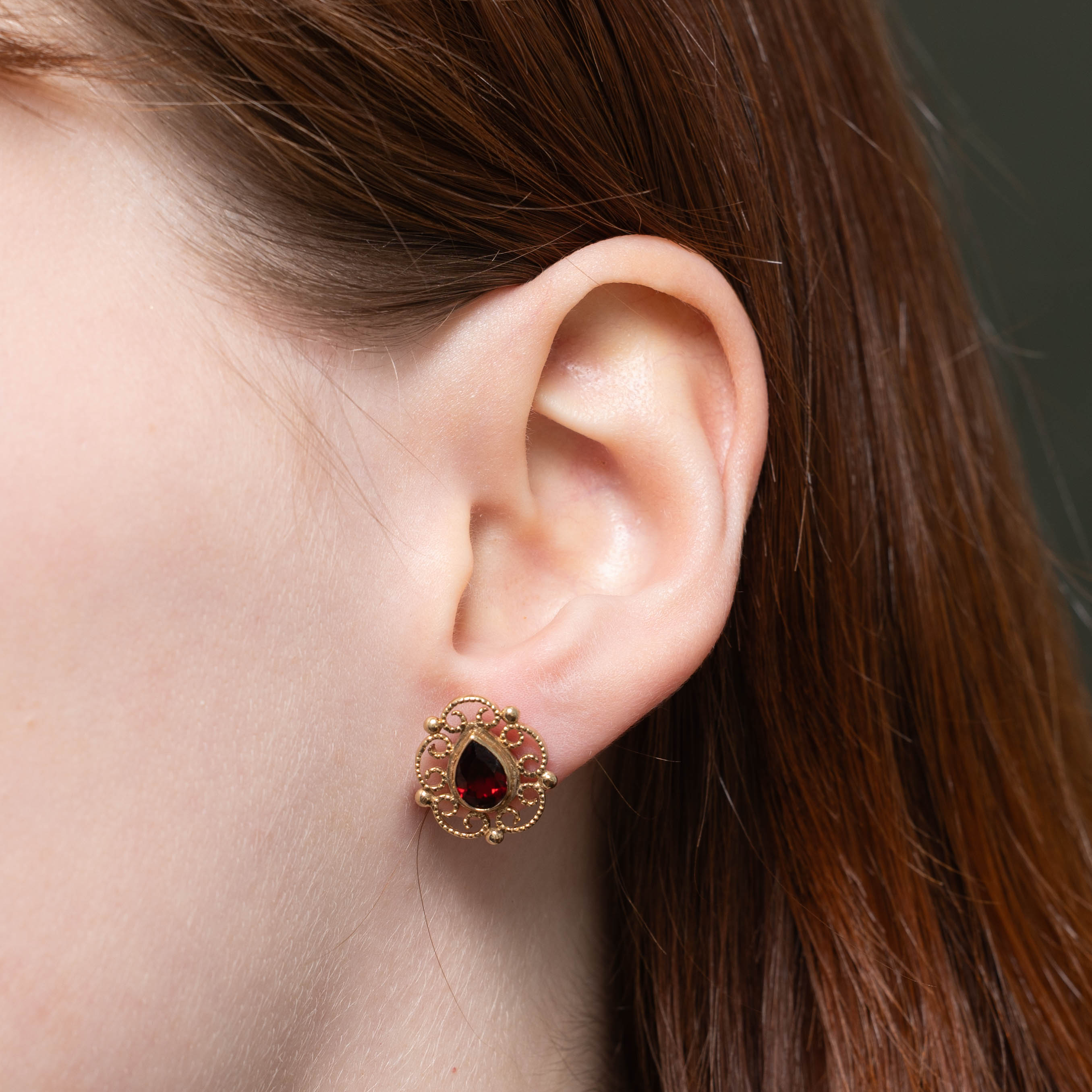 Birmingham 9k Garnet Ornate Stud Earrings | 1.20ctw