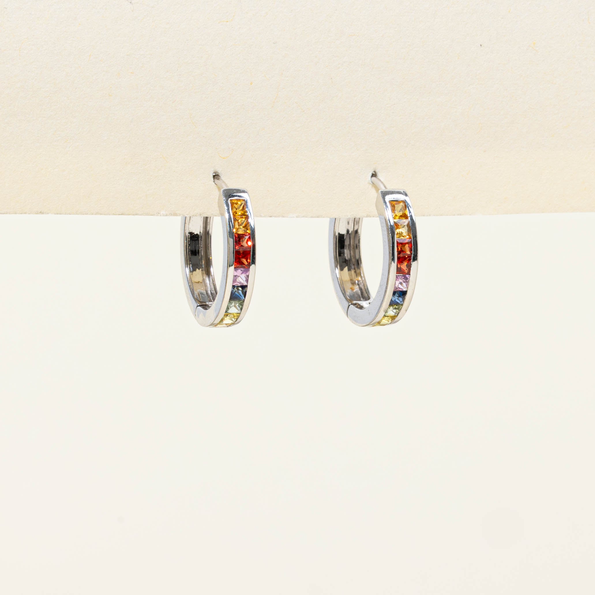 14k Channel Set Rainbow Sapphire Hoop Earrings | 1.00ctw