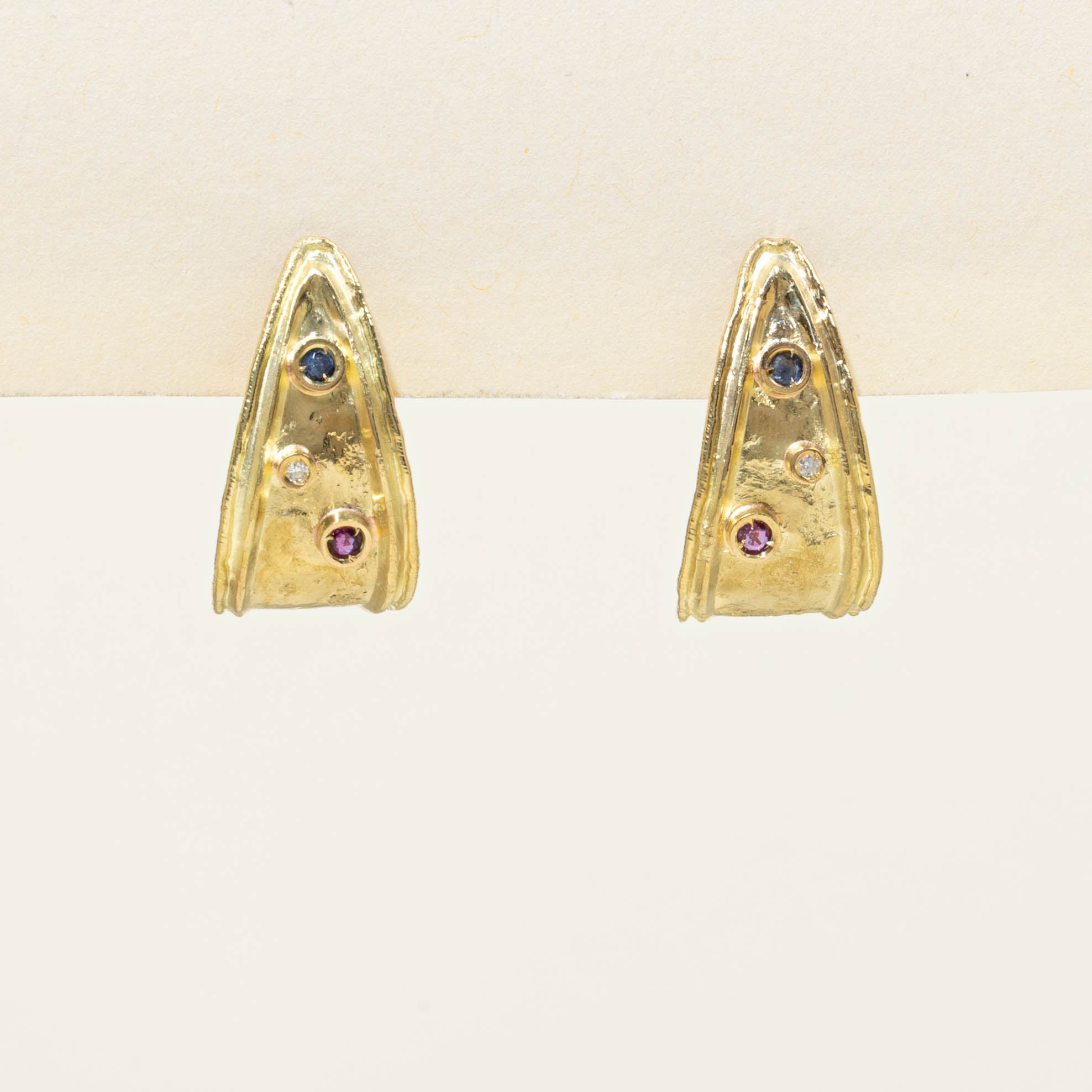 Italian 18k Ruby, Sapphire & Diamond Half Hoop Earrings | 0.06ctw, 0.02ctw