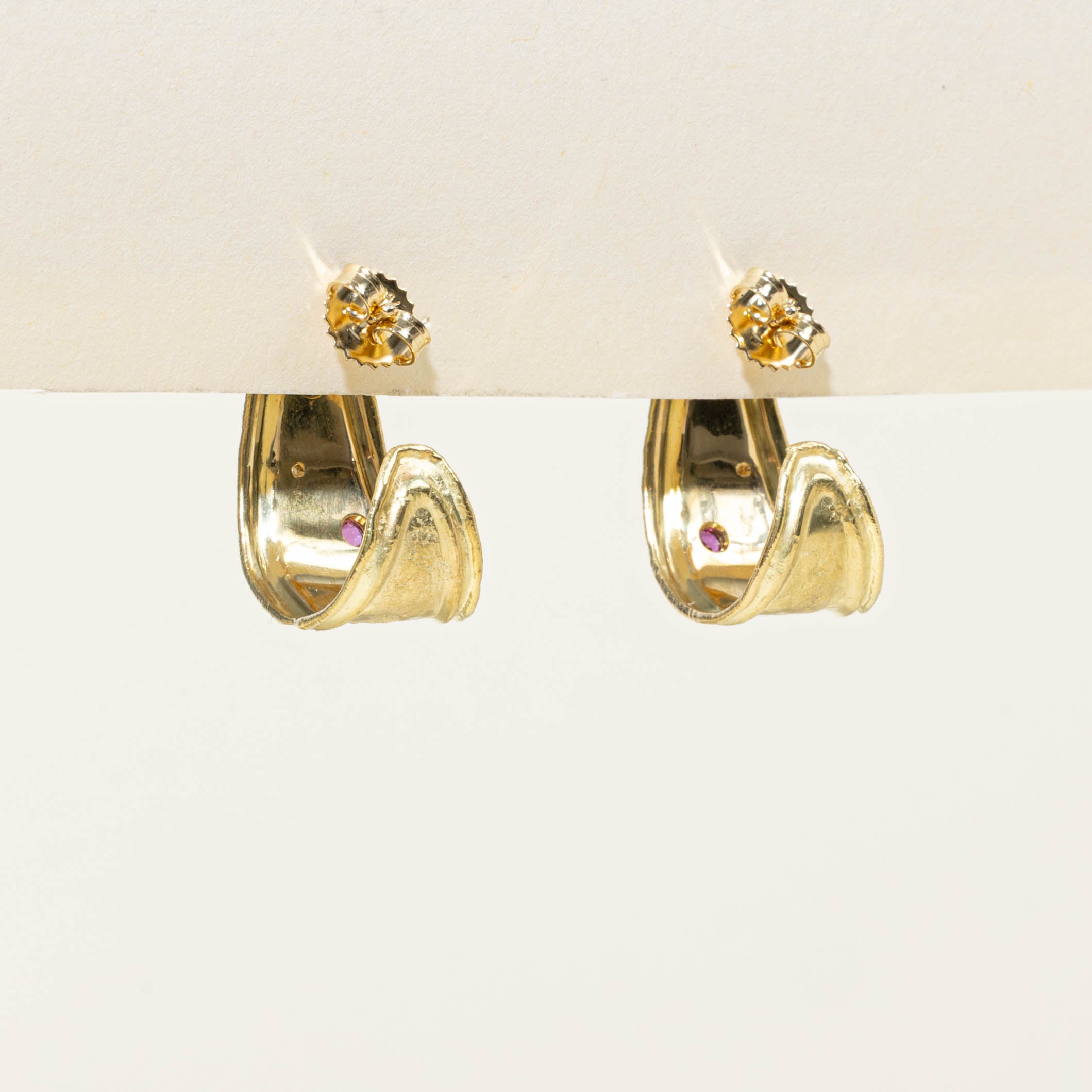 Italian 18k Ruby, Sapphire & Diamond Half Hoop Earrings | 0.06ctw, 0.02ctw