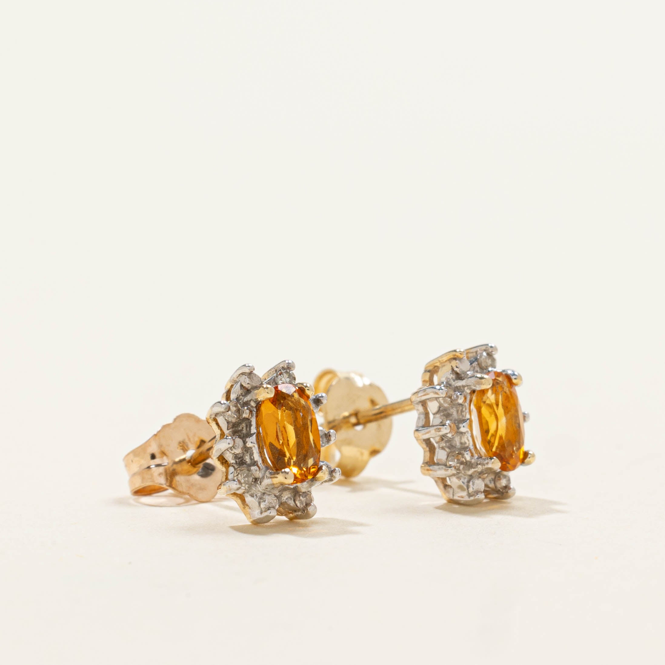 14k Citrine & Diamond Petal Halo Stud Earrings | 0.28ctw, 0.02ctw