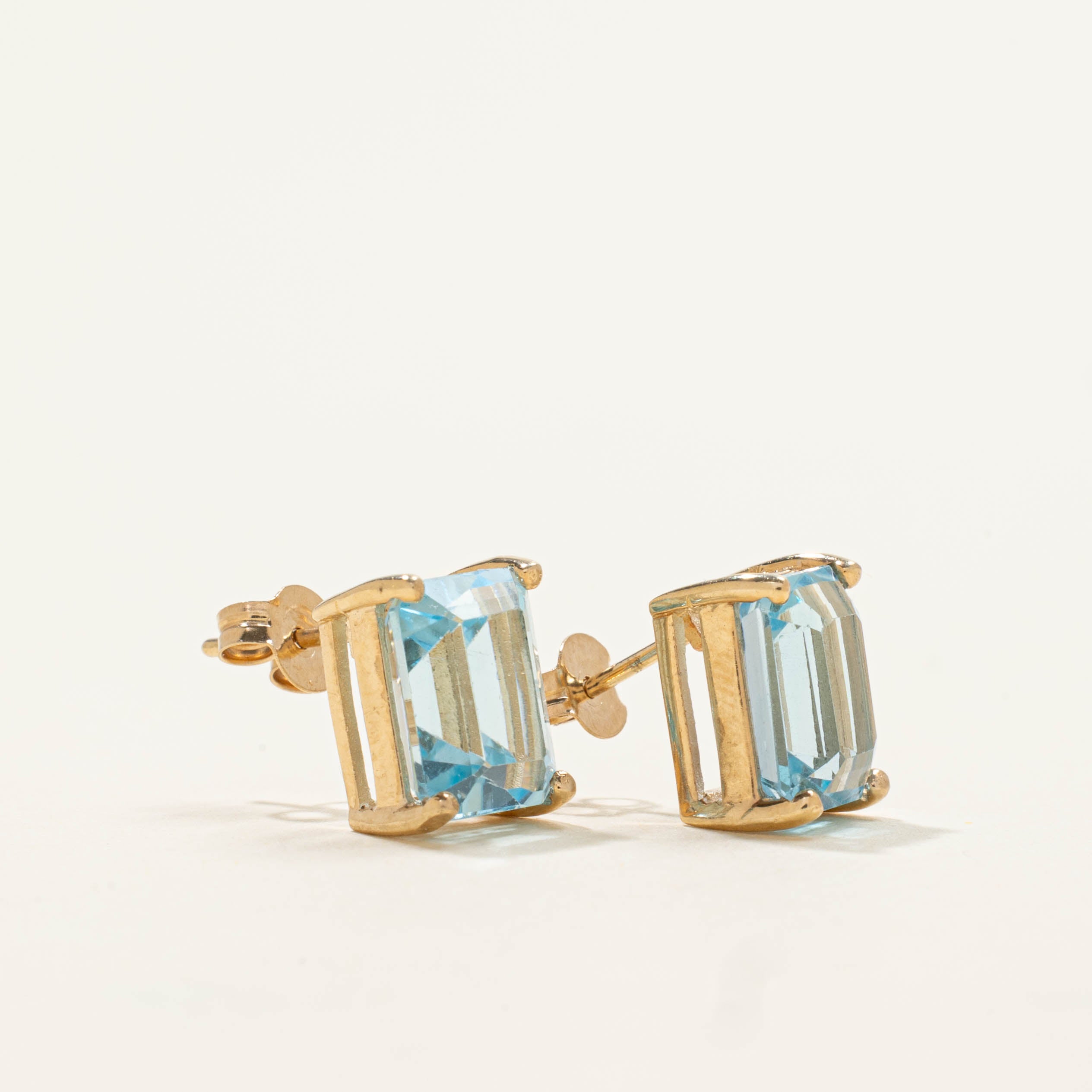10k Rectangle Cut Blue Topaz Stud Earrings | 6.00ctw