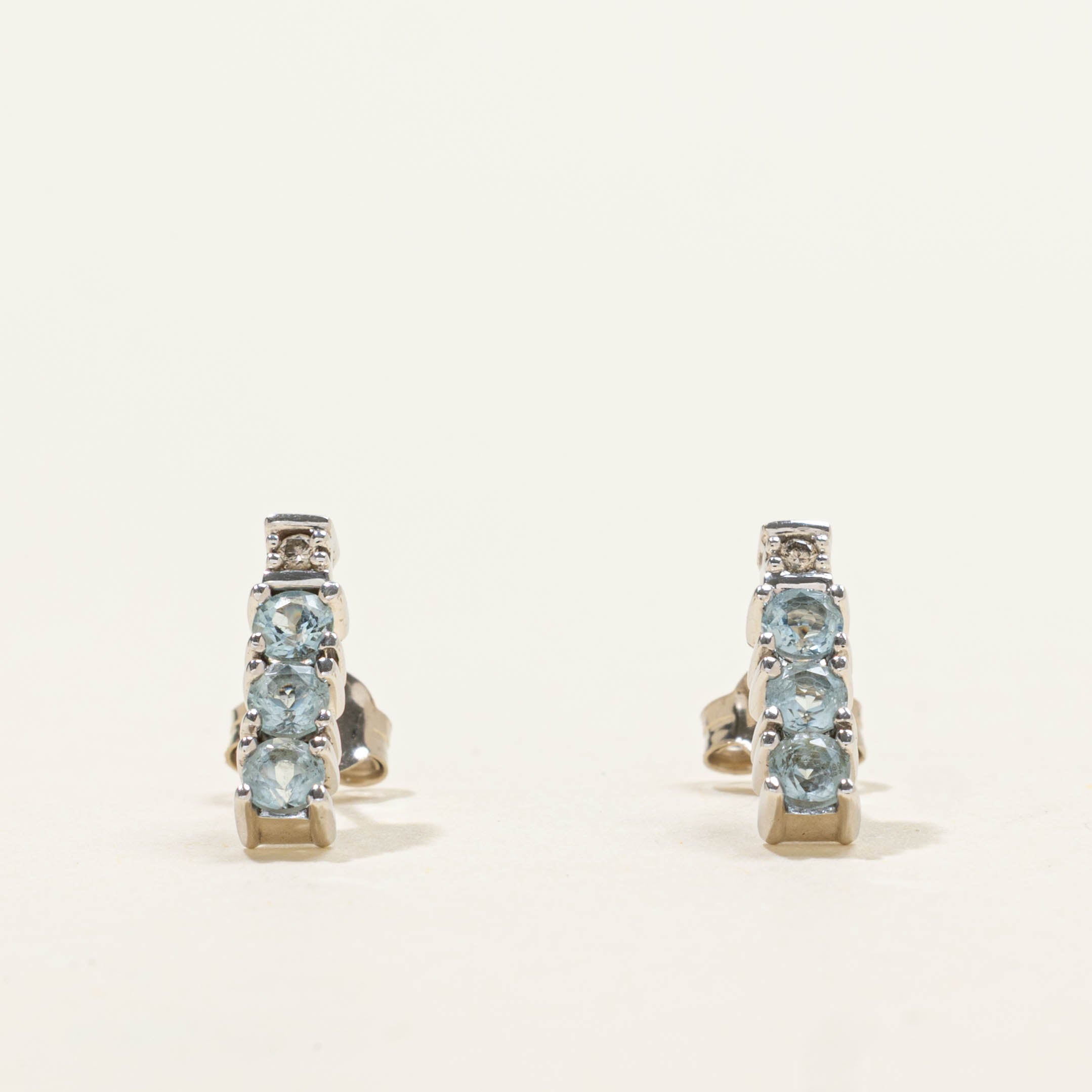 10k Aquamarine & Diamond Bar Stud Earrings | 0.30ctw, 0.01ctw