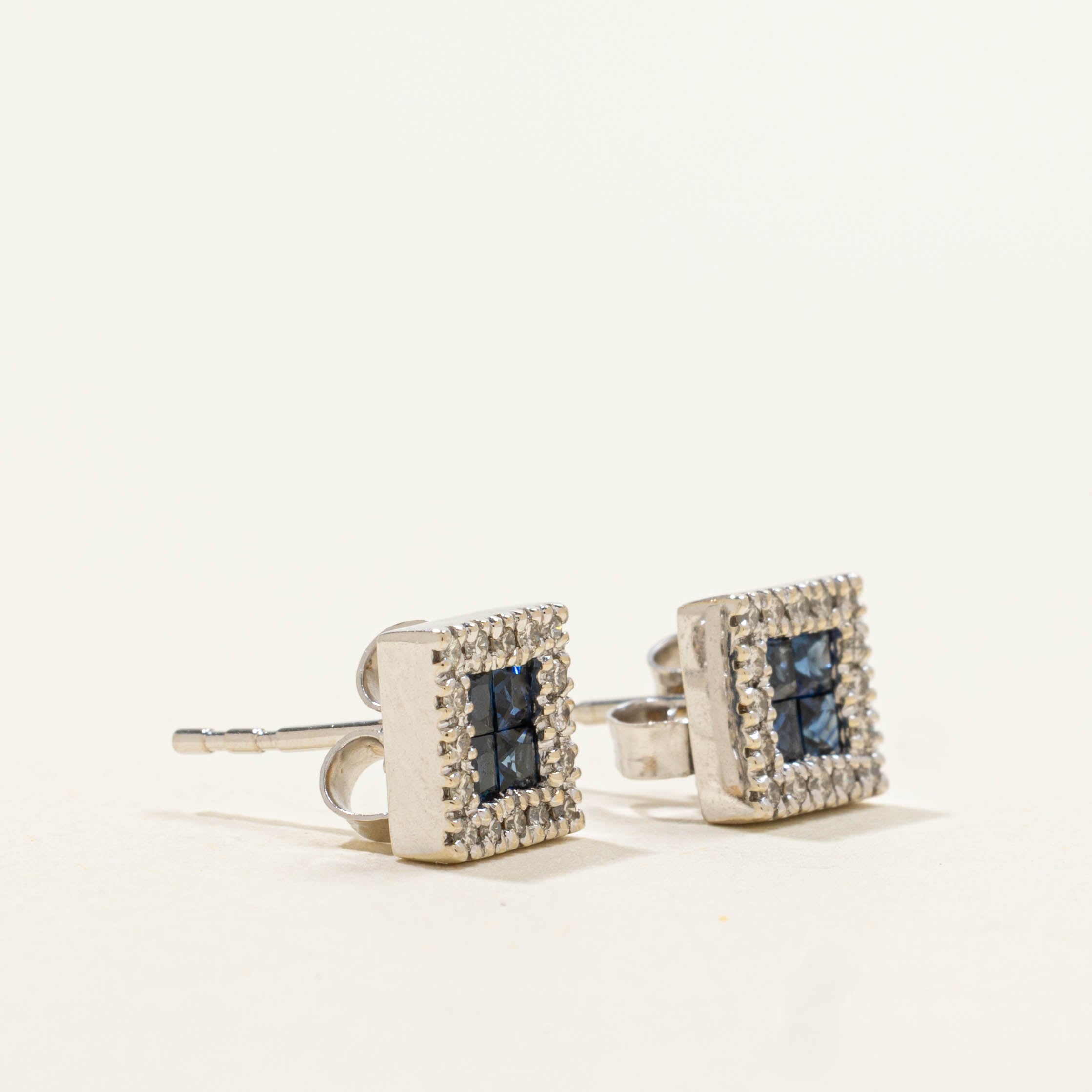 14k Sapphire & Diamond Halo Stud Earrings | 0.40ctw, 0.06ctw