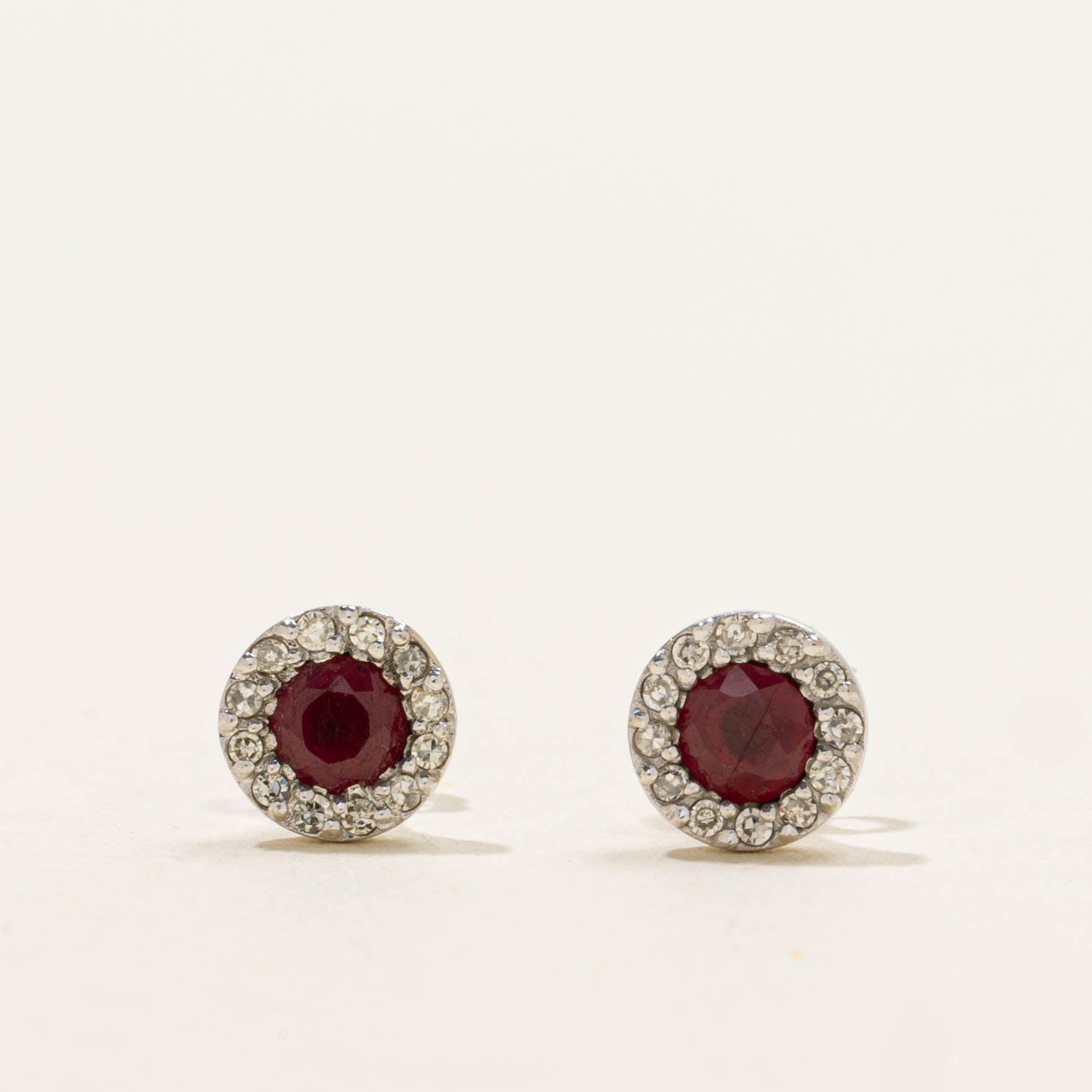 10k Ruby & Diamond Halo Stud Earrings | 0.12ctw, 0.05ctw