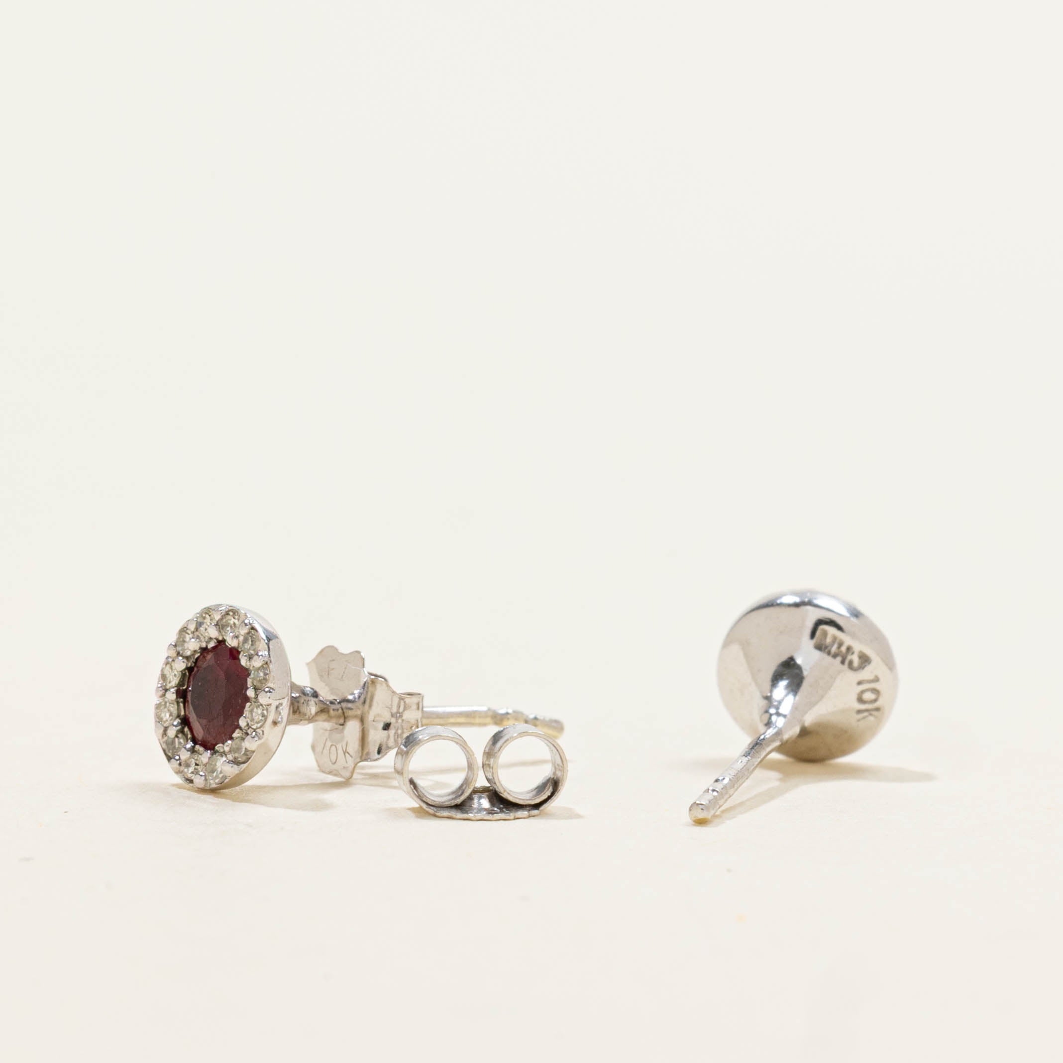 10k Ruby & Diamond Halo Stud Earrings | 0.12ctw, 0.05ctw