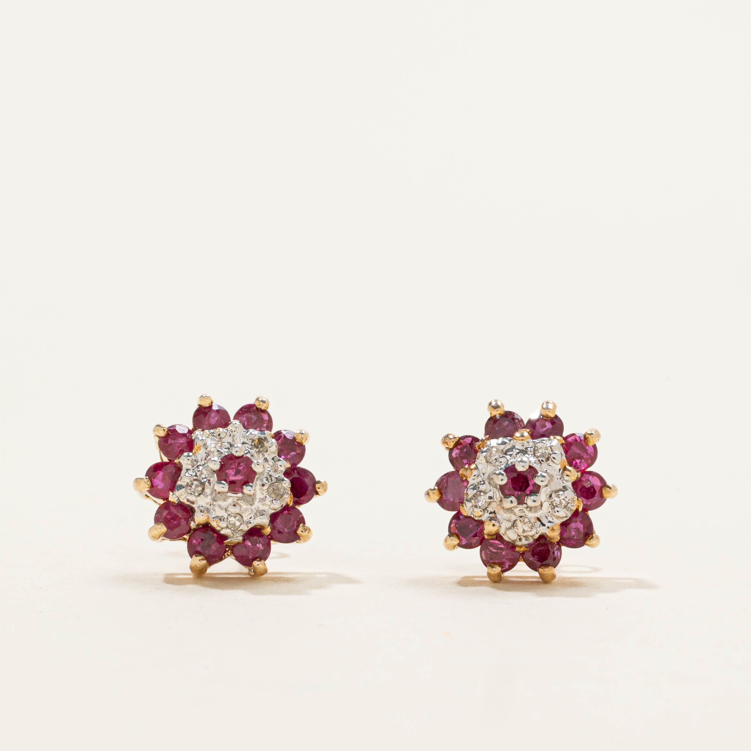 14k Ruby & Diamond Petal Cluster Stud Earrings | 0.40ctw, 0.05ctw