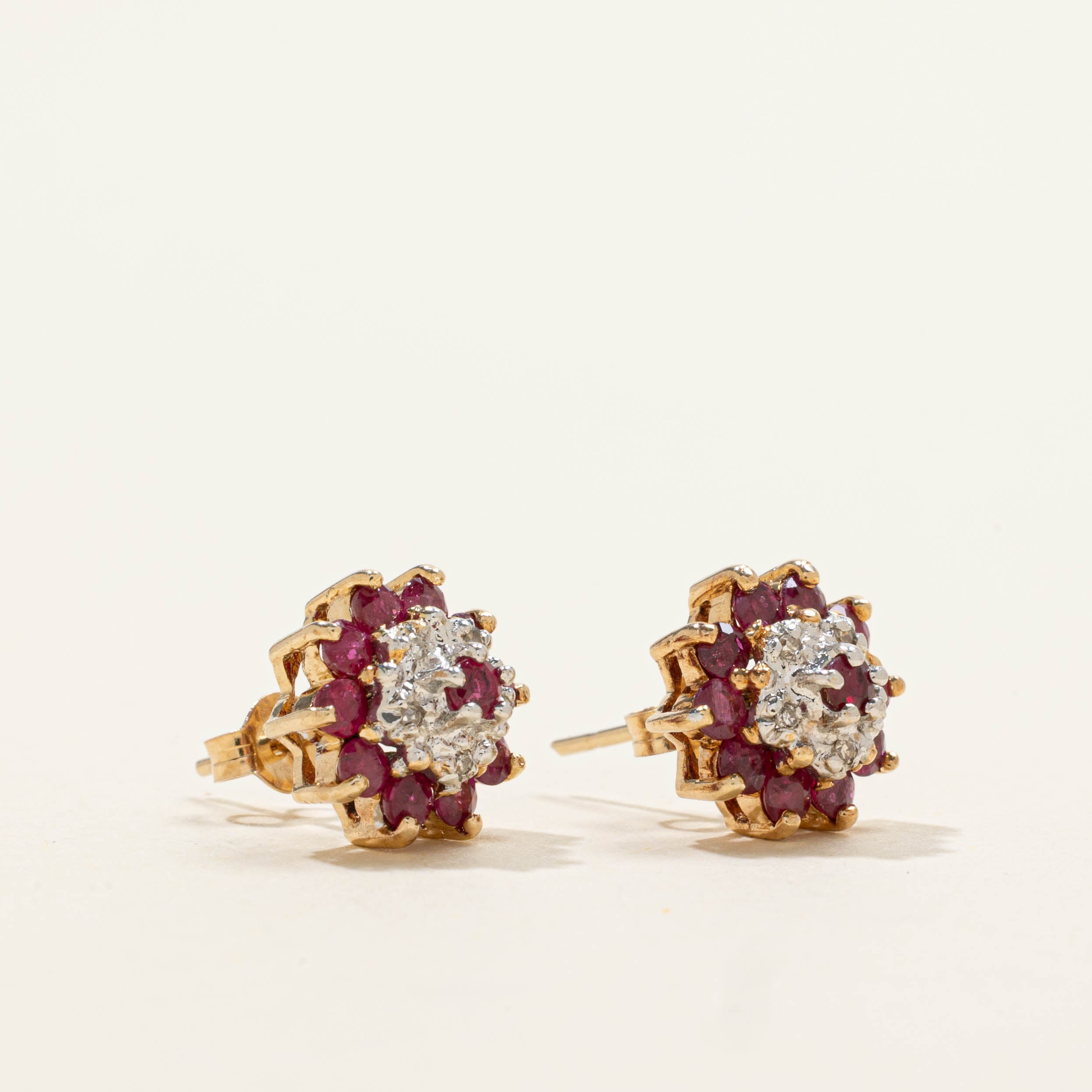 14k Ruby & Diamond Petal Cluster Stud Earrings | 0.40ctw, 0.05ctw
