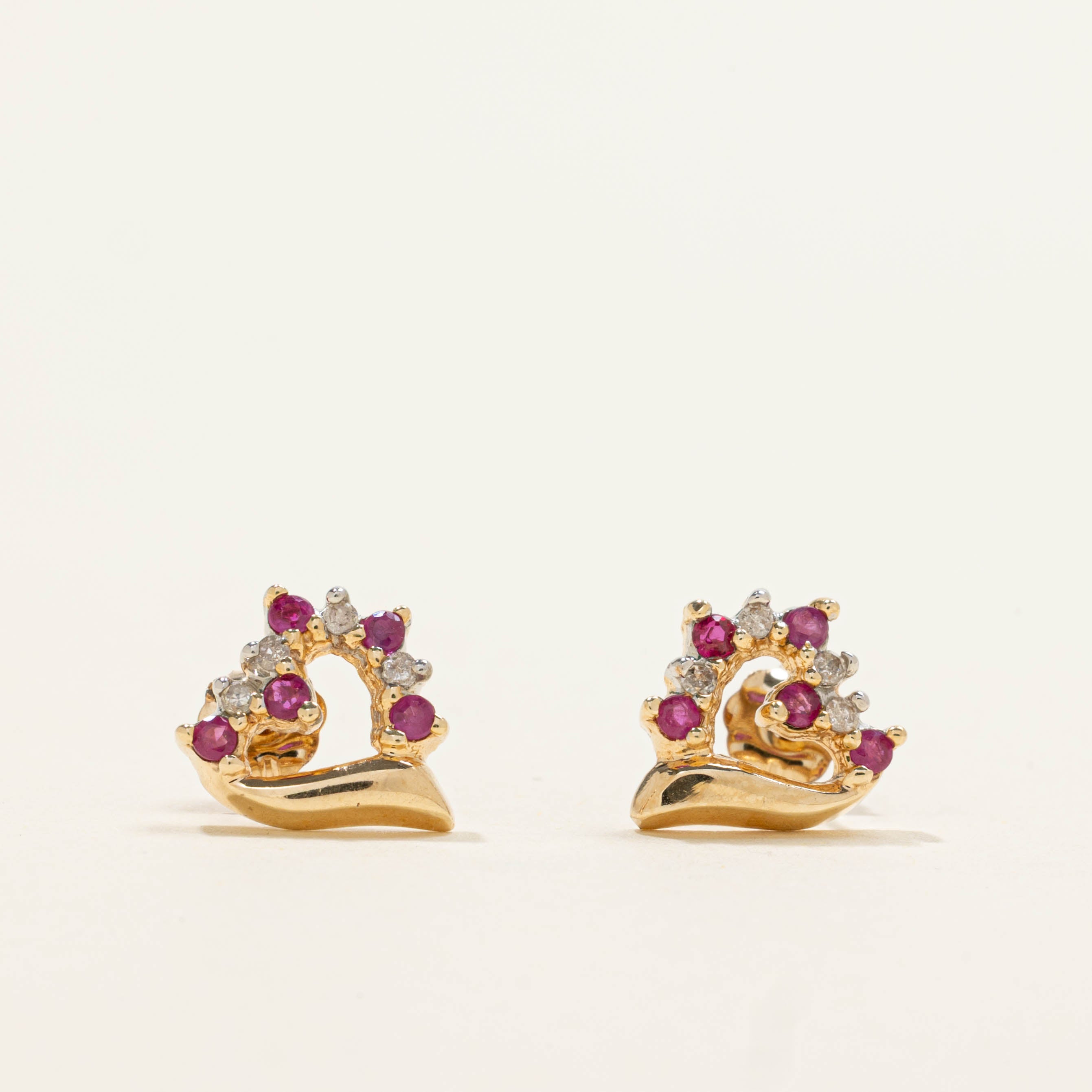 10k Ruby & Diamond Open Heart Stud Earrings | 0.08ctw, 0.04ctw