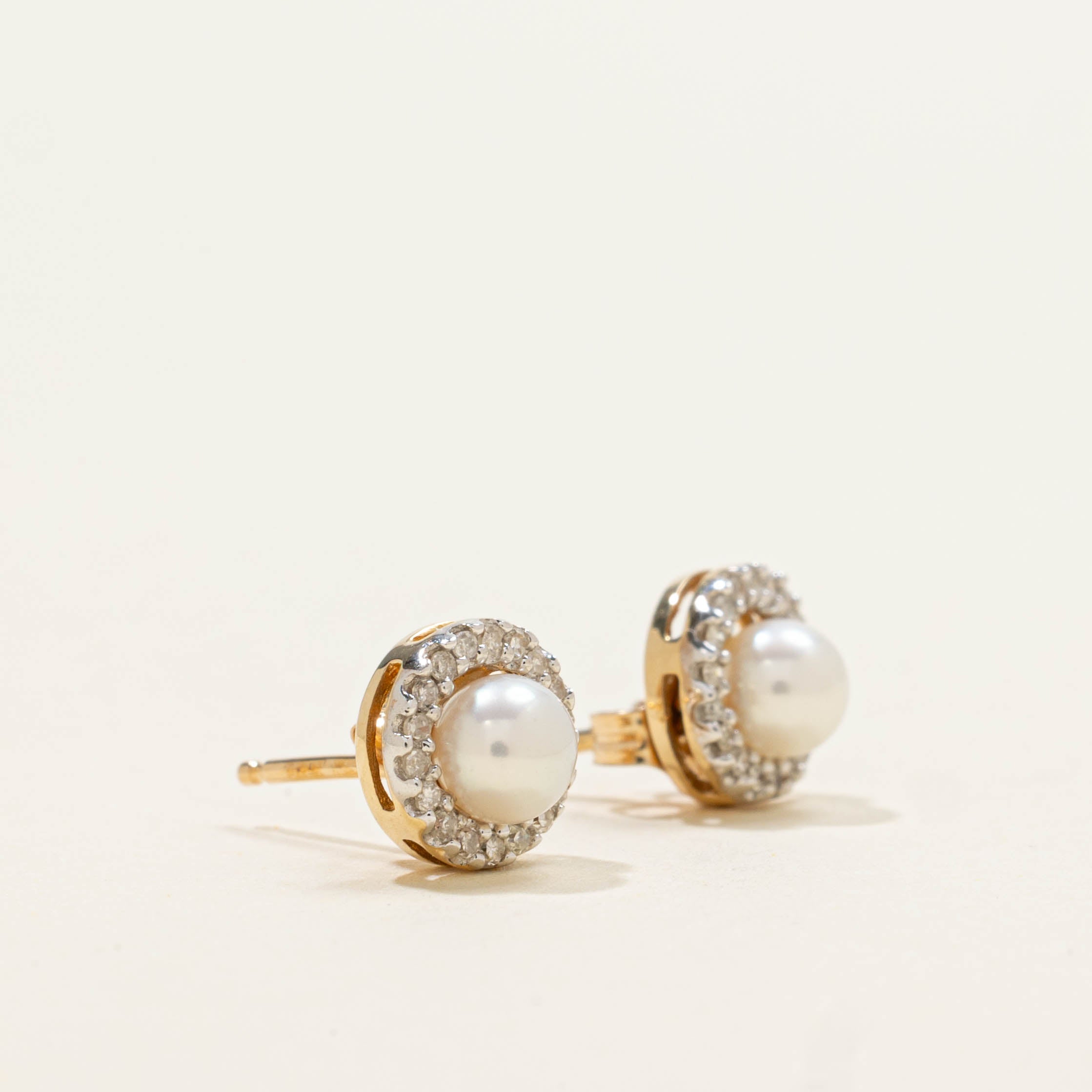 10k Pearl & Diamond Halo Stud Earrings | 0.15ctw
