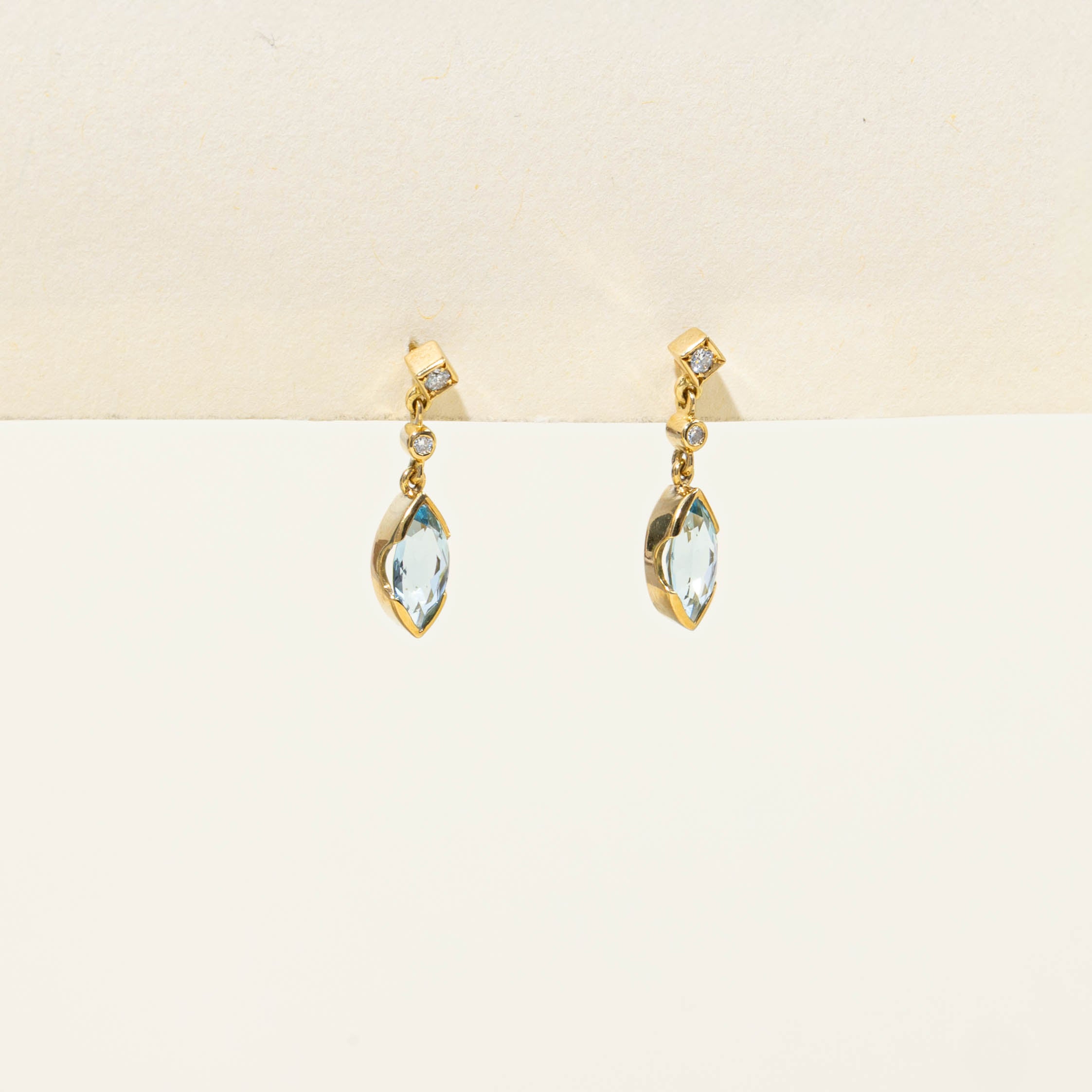 18k Marquise Cut Aquamarine & Diamond Drop Earrings | 1.60ctw, 0.05ctw