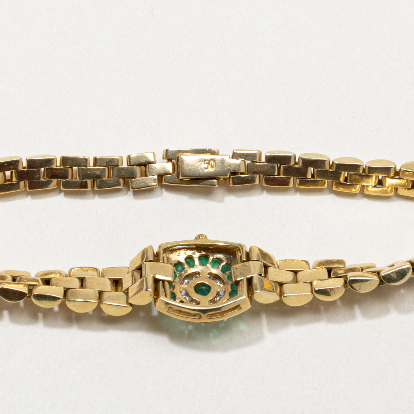 18k Emerald & Diamond Halo Watch Strap Bracelet | 0.65ctw, 0.11ctw