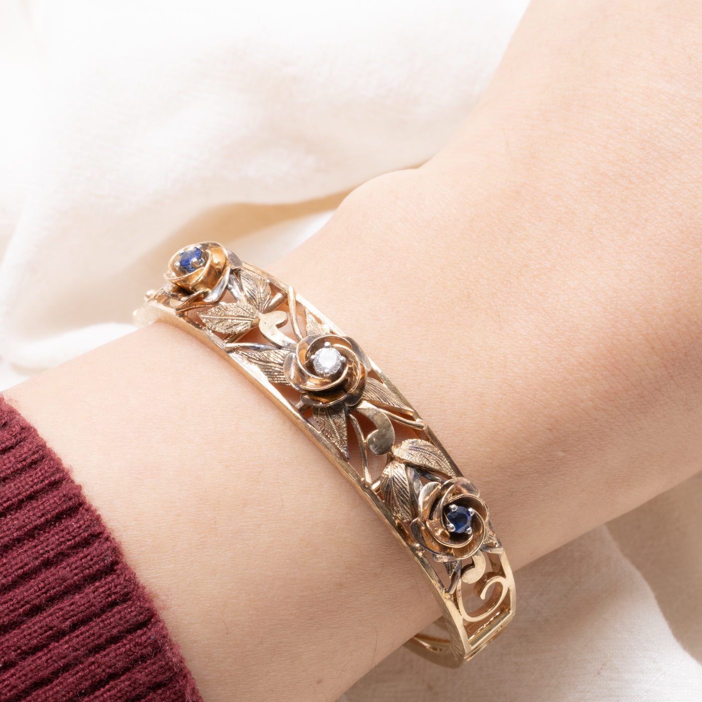 ‘Birks’ 10k Sapphire & Diamond Floral Bracelet | 0.20ctw, 0.12ctw
