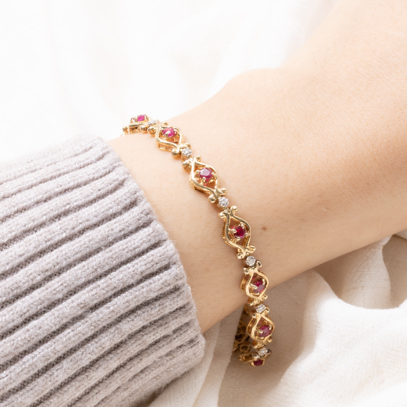 14k Synthetic Ruby & Natural Diamond Openwork Bracelet | 1.46ctw, 0.06ctw