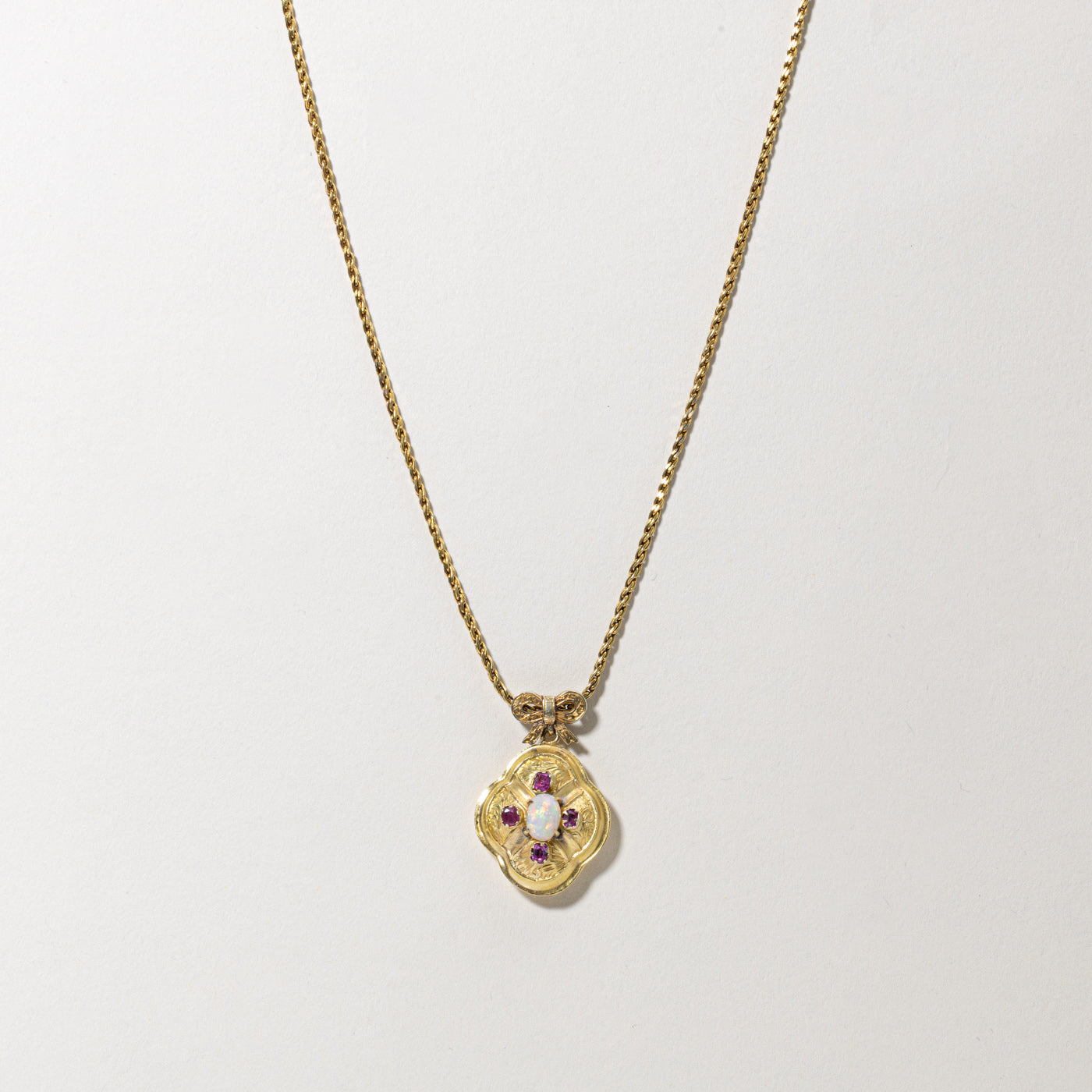 14k Ruby & Opal Bow Pendant Necklace | 0.76ct, 0.24ctw | 15"
