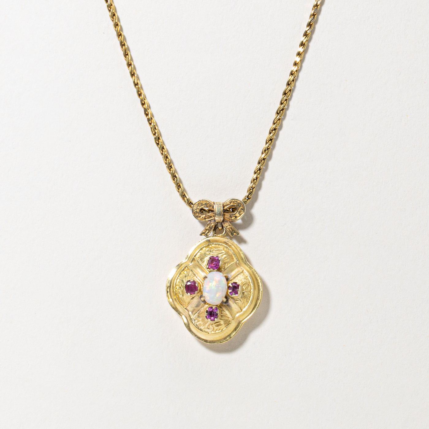 14k Ruby & Opal Bow Pendant Necklace | 0.76ct, 0.24ctw | 15"