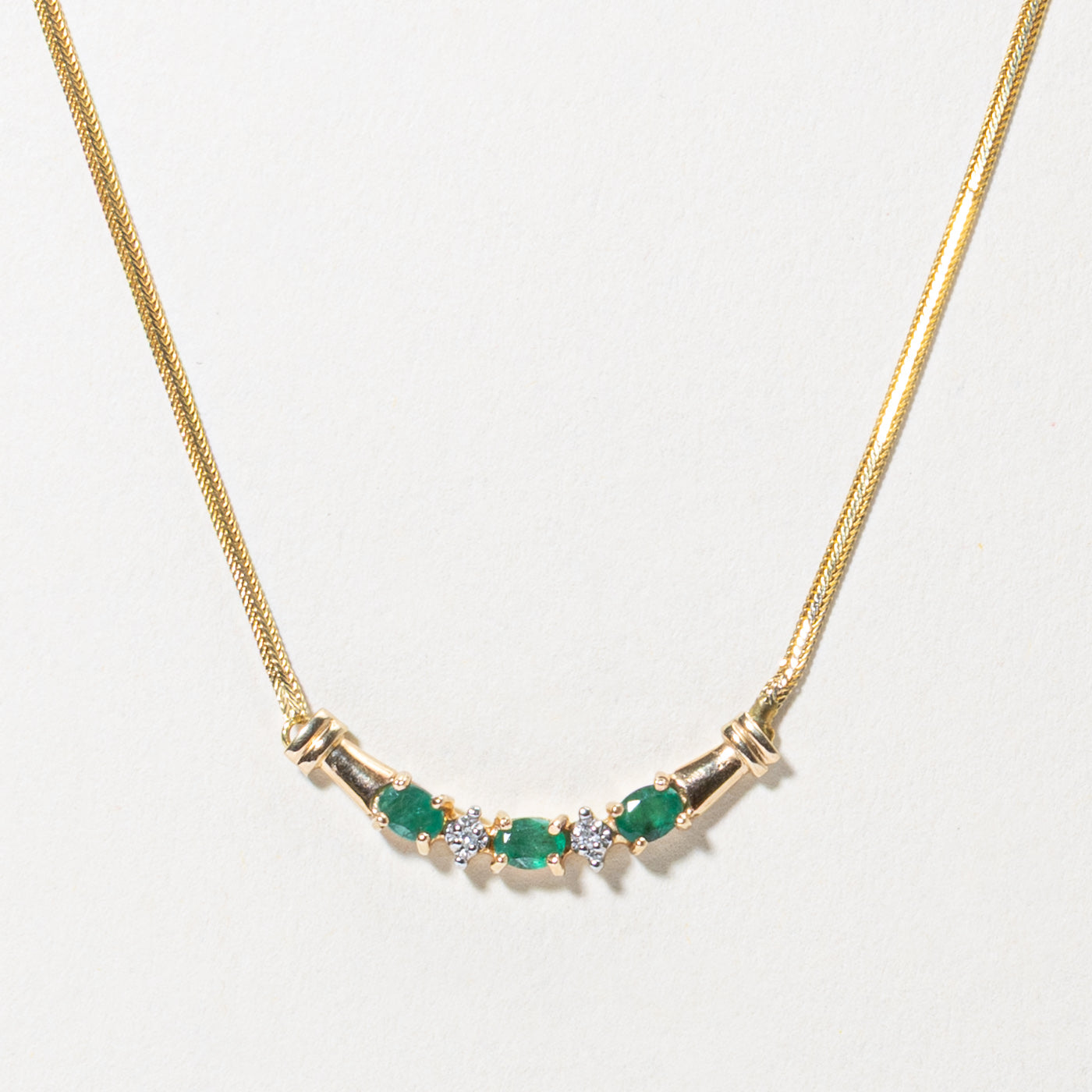 10k Three Stone Emerald & Diamond Necklace | 0.30ctw, 0.00ctw | 17"