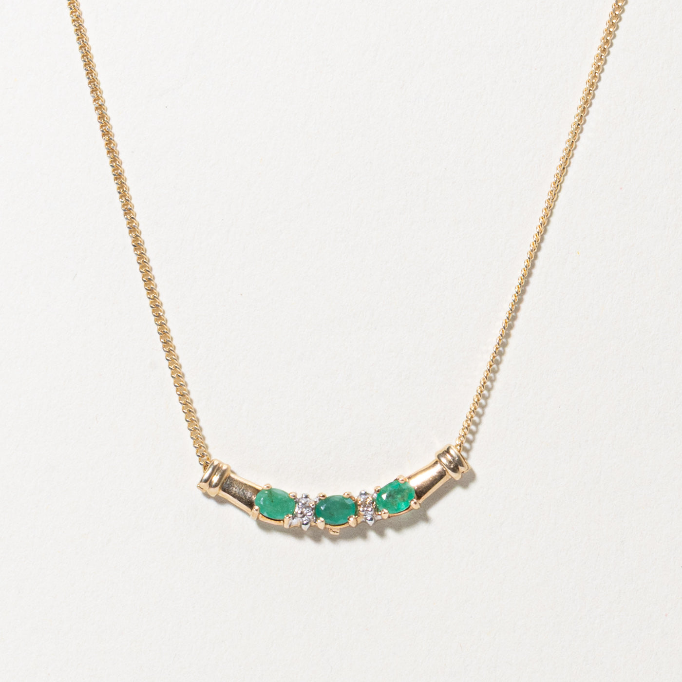 10k Three Stone Emerald & Diamond Necklace | 0.30ctw, 0.01ctw | 18"