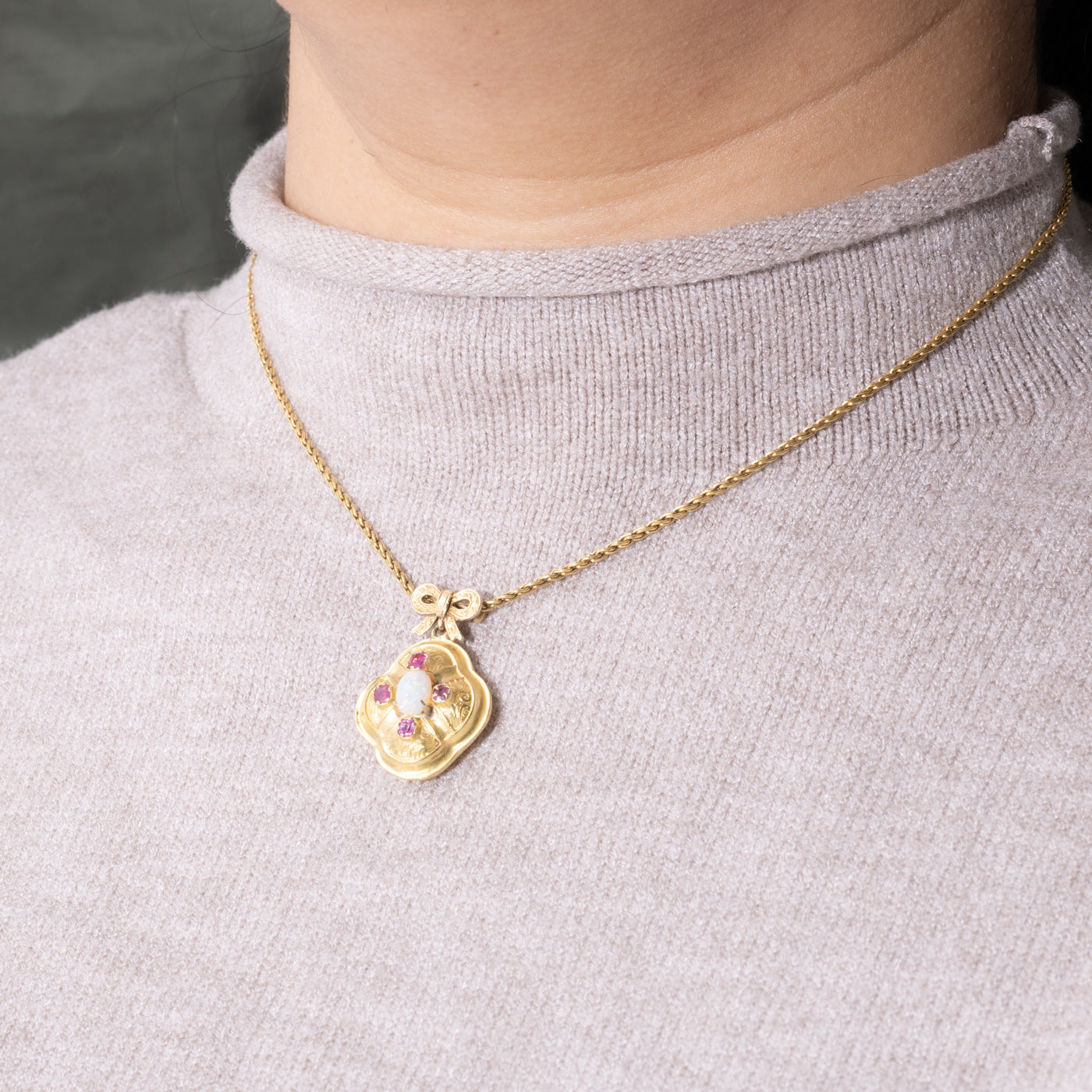 14k Ruby & Opal Bow Pendant Necklace | 0.76ct, 0.24ctw | 15"