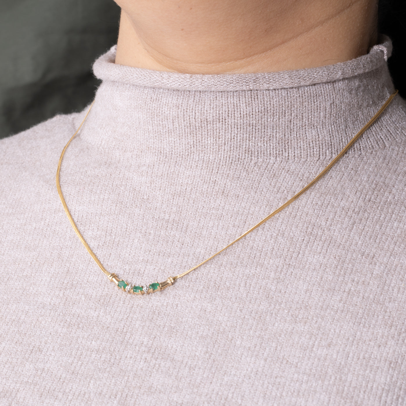 10k Three Stone Emerald & Diamond Necklace | 0.30ctw, 0.00ctw | 17"