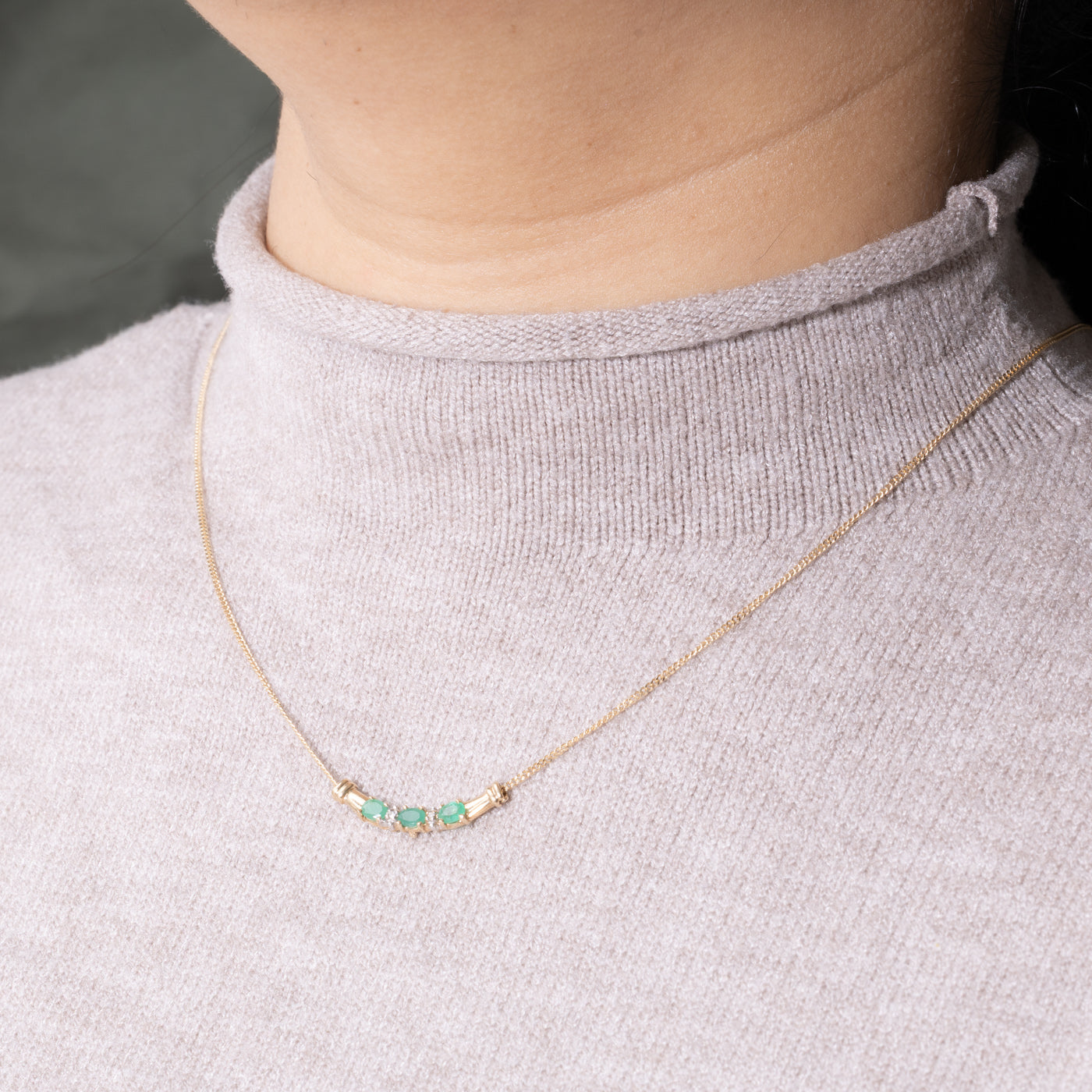 10k Three Stone Emerald & Diamond Necklace | 0.30ctw, 0.01ctw | 18"