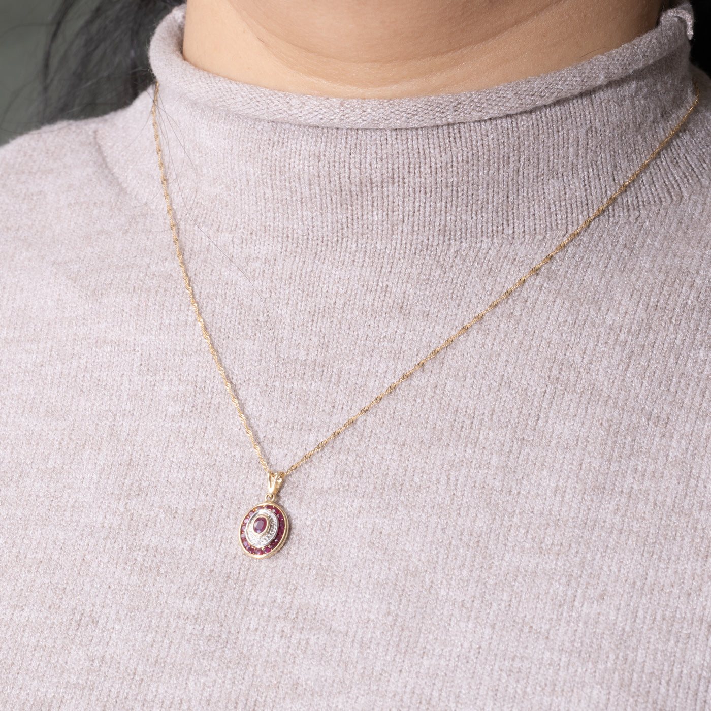 10k Ruby & Diamond Halo Pendant Necklace | 0.45ctw, 0.00ctw | 18"