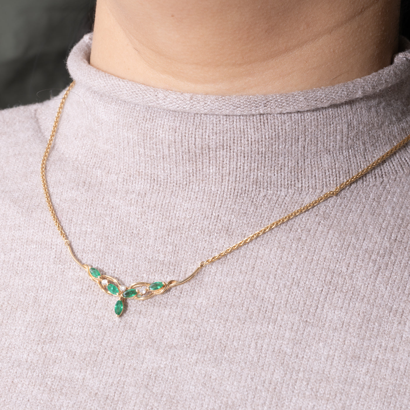 14k Emerald & Diamond Floral Necklace | 0.50ctw, 0.09ctw | 16"