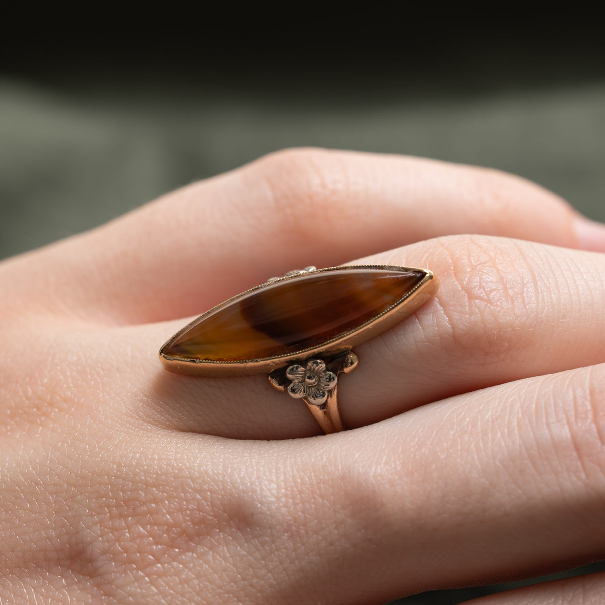 10k Solitaire Agate Floral Accented Navette Ring | 4.50ct | SZ 4.5
