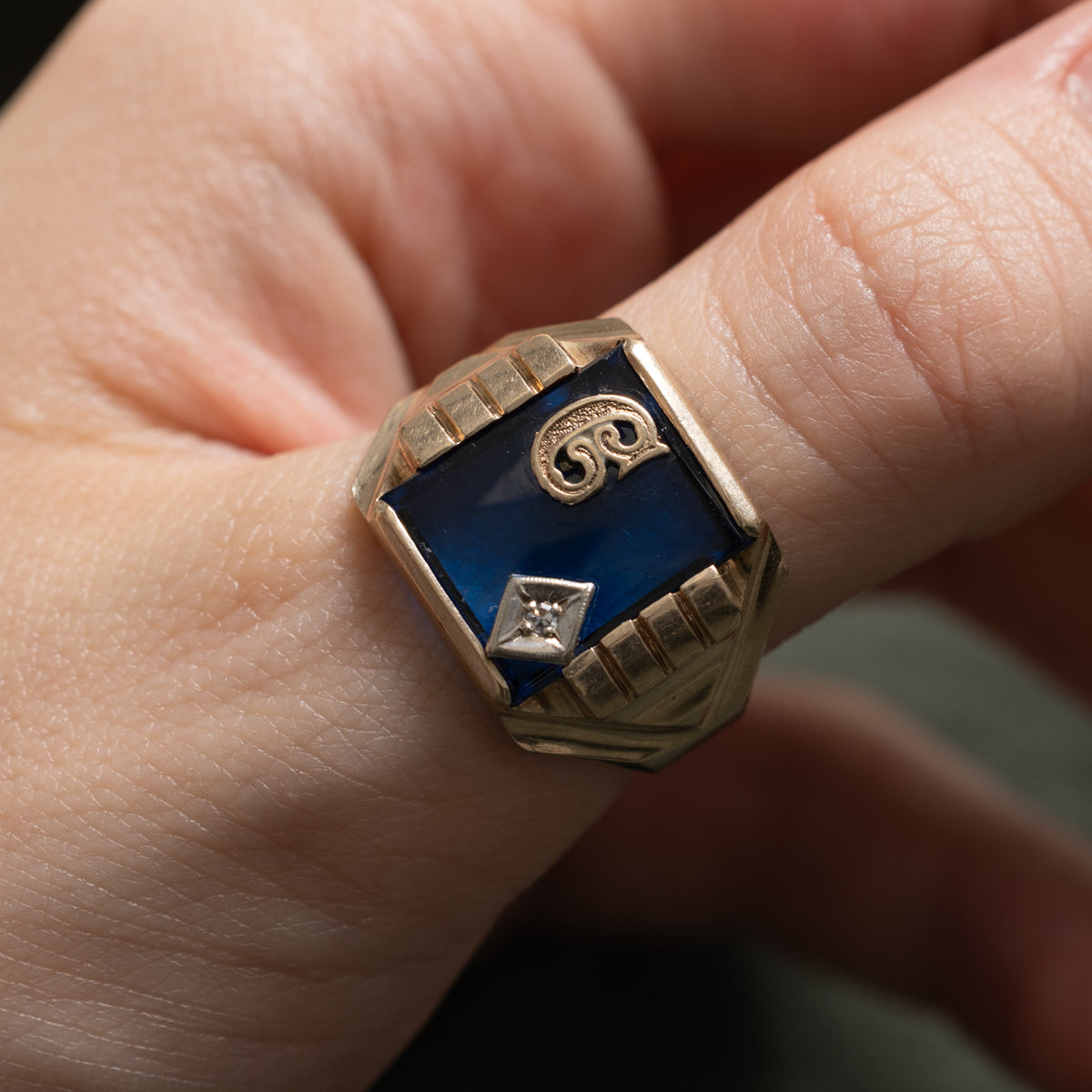 10k Synthetic Sapphire & Diamond "C" Initial Signet Ring | 5.00ct, 0.01ct | SZ 9.75