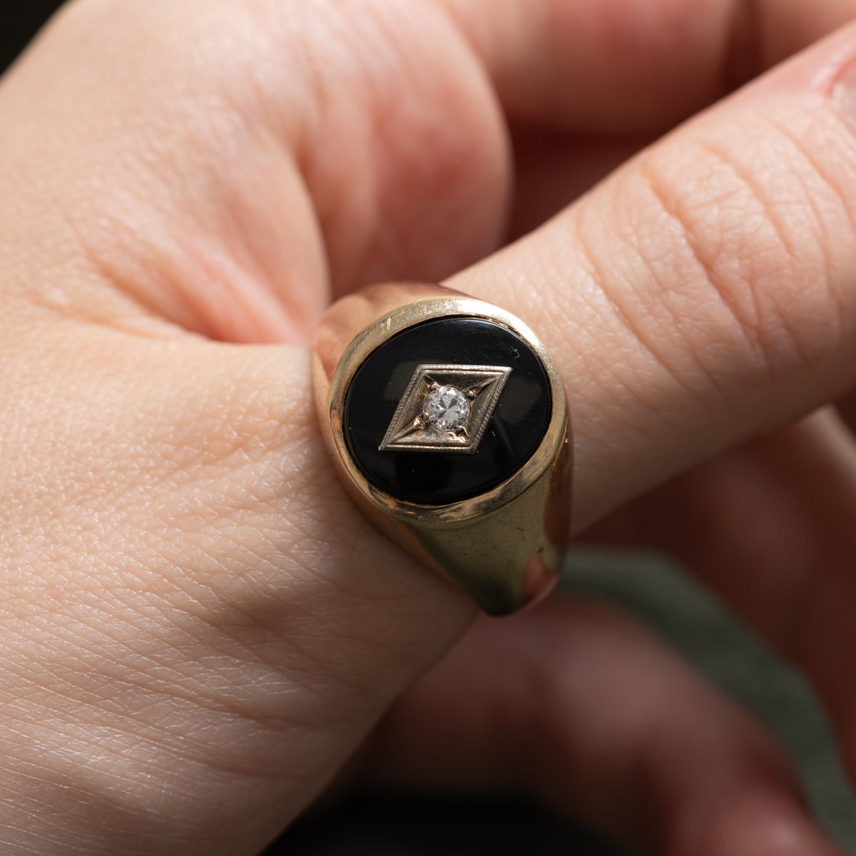 10k Bezel Set Onyx & Diamond Geometric Signet Ring | 2.70ct, 0.08ct | SZ 10