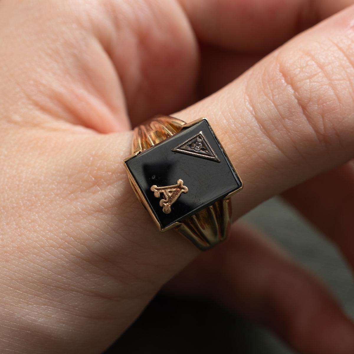 10k Hematite & Diamond "A" Initial Grooved Signet Ring | 5.75ct, 0.005ctw | SZ 11.75