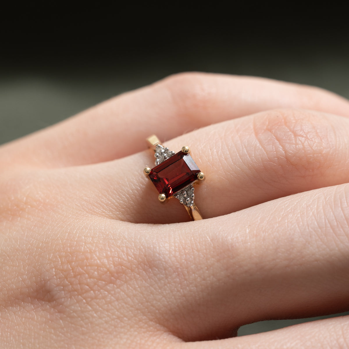10k Rectangle Cut Garnet & Diamond Accented Ring | 1.00ct, 0.01ctw | SZ 6